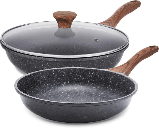 SENSARTE Nonstick Frying Pan Skillets, Swiss Granite Coating Omelette Pans, Healthy Cookware Chef's Pan, Free of Intentionally Added PFOA (8+11Inch with Lid)