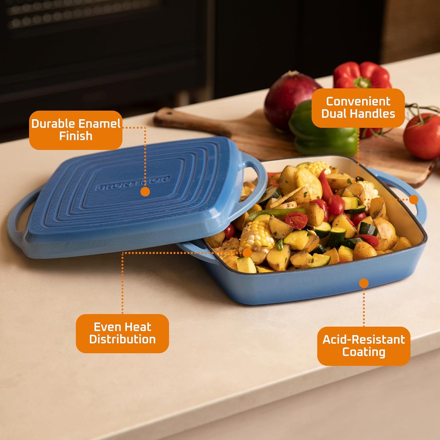 Bruntmor 2-in-1 Pre-Seasoned Square Cast Iron Dutch Oven with Dual Handles, Non Stick Pan with Grill, All-in-One Cookware Set, Cast Iron Casserole Dish with Lid for Braising Dishes,Whale Blue