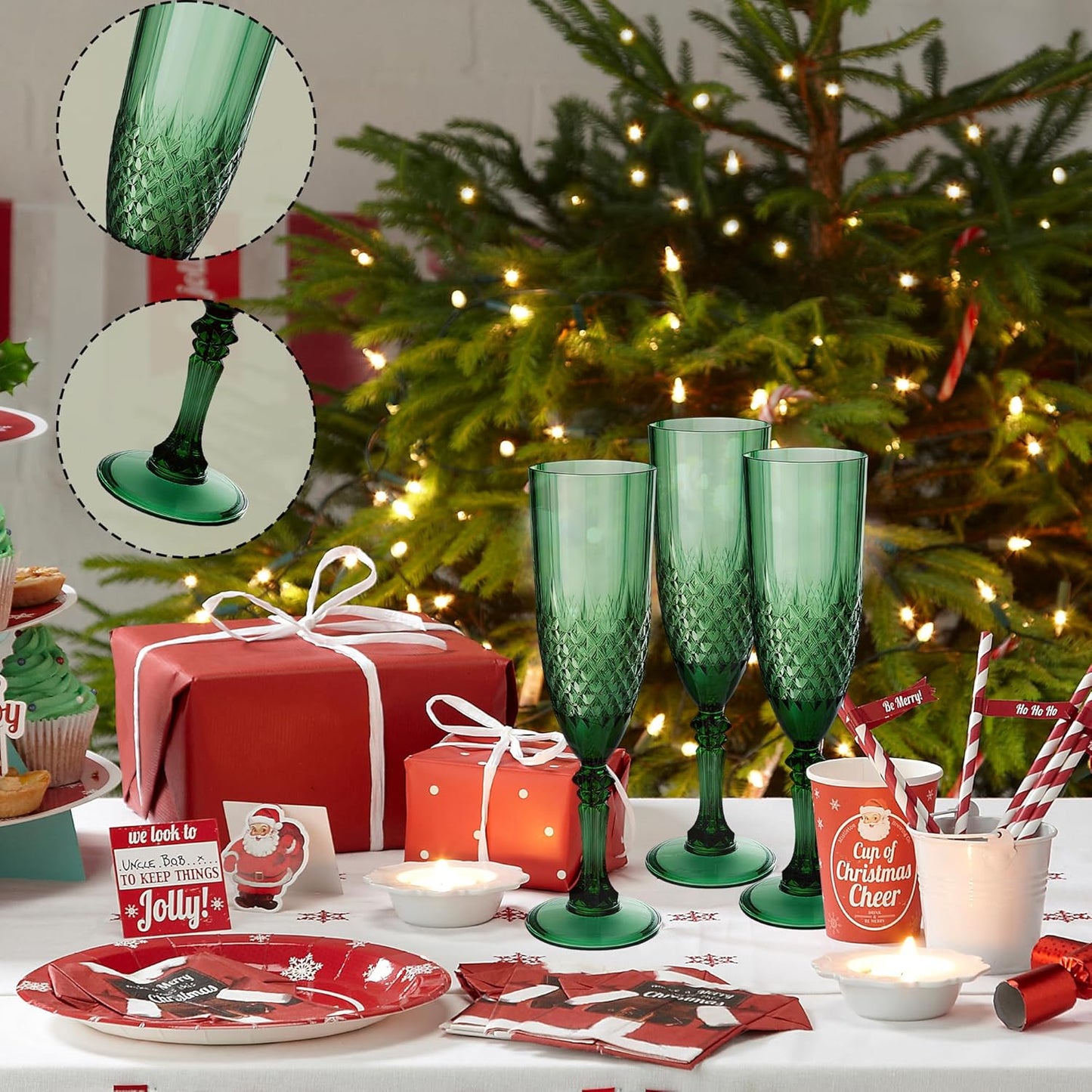 Plastic Champagne Flutes, 24PCS Dark Green Plastic Wine Glasses Goblets Reusable Champagne Flute for Weddings, Bachelor Parties, Toasting, and Events(24, Dark Green)