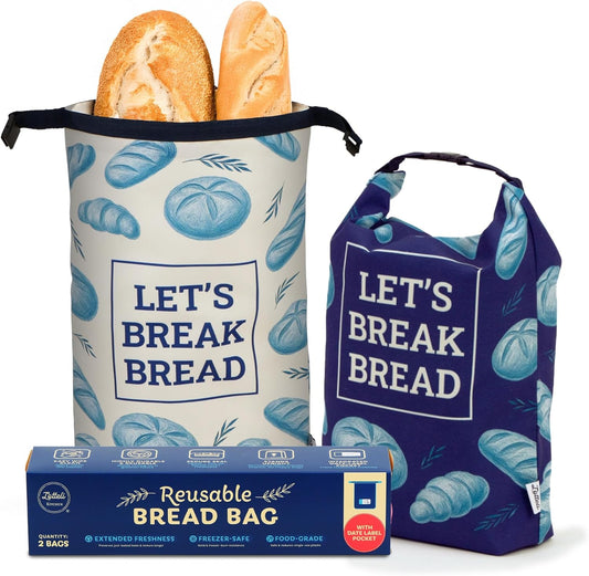 LOTTELI Reusable Bread Bags for Homemade Loaves – 2 Pack Cloth Sourdough Bread Bags - Freezer Storage with Zipper, Buckle & Date-Label Pocket - Eco-Friendly & Washable