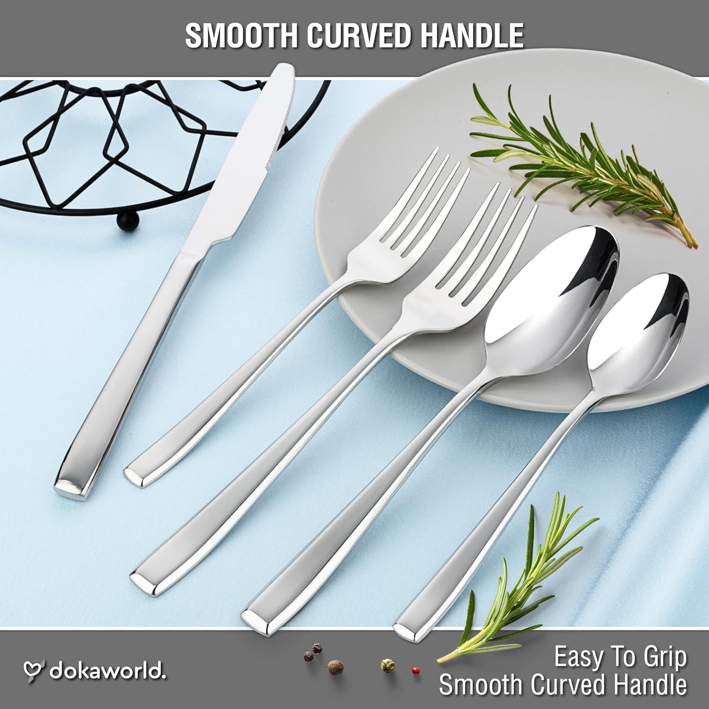 Modern Design Polished Flatware, Silverware Set for 8 persons, 40 Piece - Spoons, Forks, and Knives 18/10 Stainless Steel, Dishwasher Safe