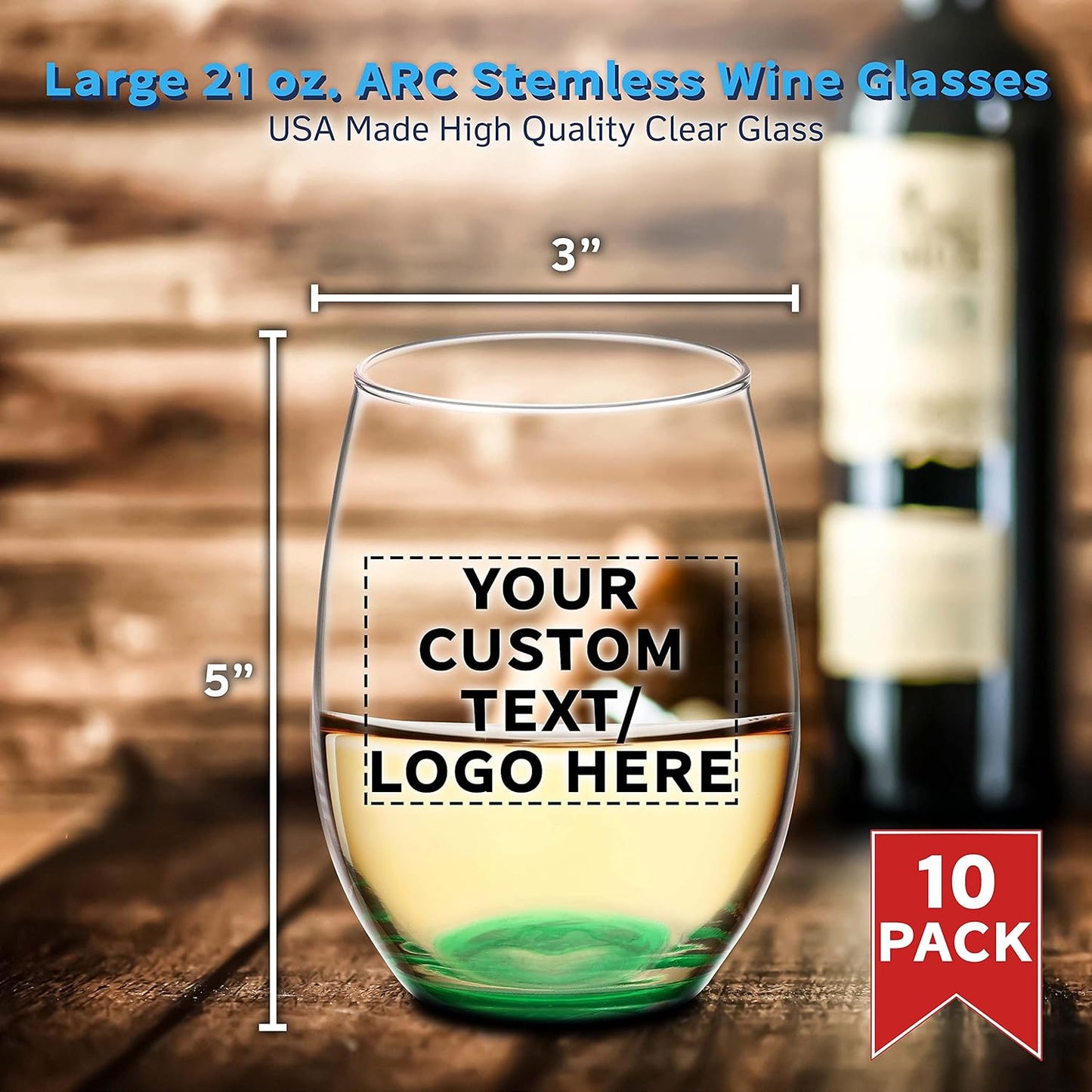 DISCOUNT PROMOS 10 ARC Stemless Wine Glasses Set, 21 oz. - Customizable Text, Logo - Chardonnay, Cabernet, Merlot, Sauvignon - Green