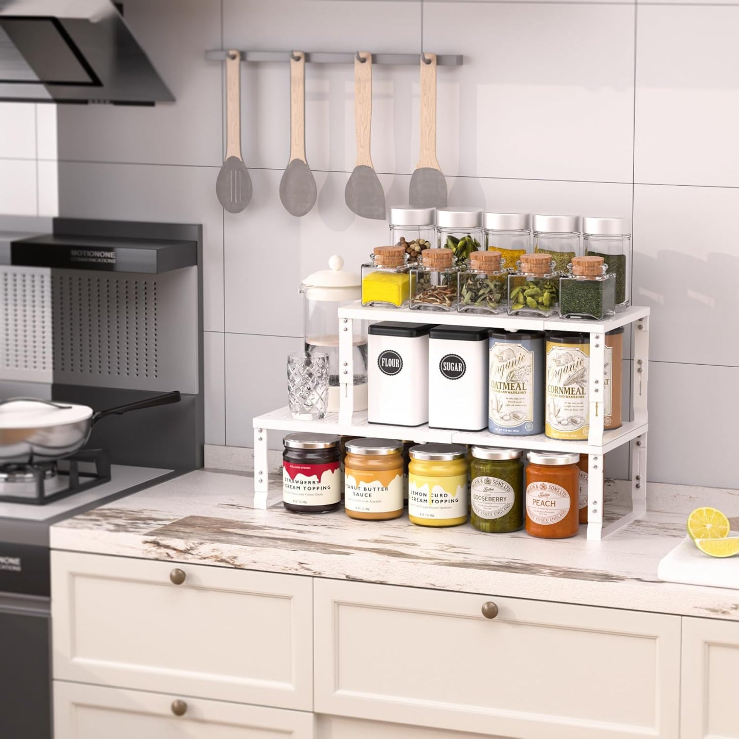 Heavy-Duty Adjustable Metal Shelf Organizer - Expandable & Stackable Pantry Storage Rack for Kitchen, Bathroom, RV, Cabinets(3 Packs/White, Large)