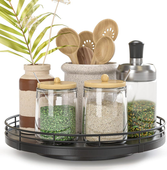 9" Oak Wood Lazy Susan Turntable Organizer, Lazy Susan for Cabinet Dining Table Pantry Wood Rotating Tray for Kitchen Countertop Coffee Table Decor Spinning Spice Can Organization and Storage Black