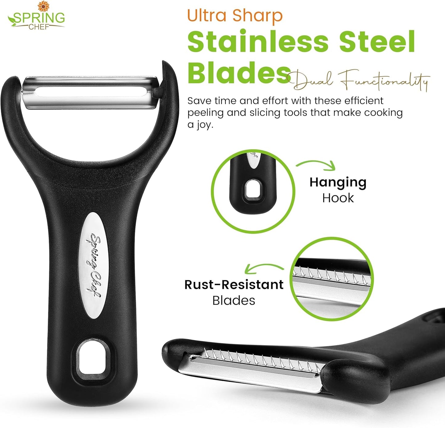 Spring Chef Premium Y & Vegetable Julienne Peeler Set for Kitchen with Stainless Steel Sharp Blades - Carrot Peelers with Comfortable Handles - Perfect for Zucchini, Cucumber, Papaya, Potato - Black