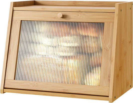 Large Bread Box for Kitchen Counter, Bamboo Bread Storage Container with Wavy Arcylic Transparent Door, Bamboo Wooden Farmhouse Bread Box for Your House