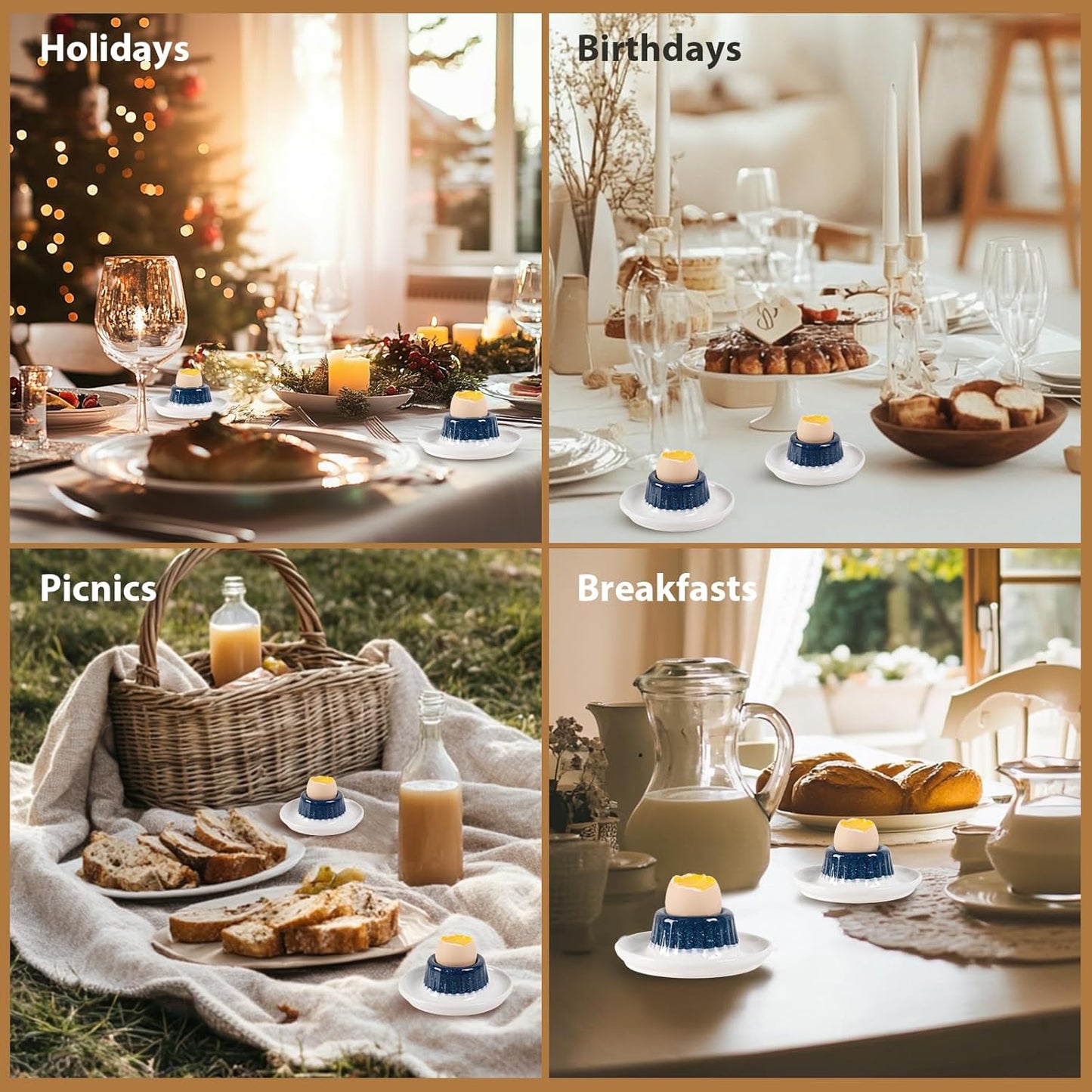 INGOFIN 2 Pcs Ceramic Egg Cups, Soft Boiled Egg Holders Set, Classic Porcelain Stackable, Easy to Clean Tray, Decorative Serving Dish for Breakfast, Easter or Kitchen, Starry Blue&Beige