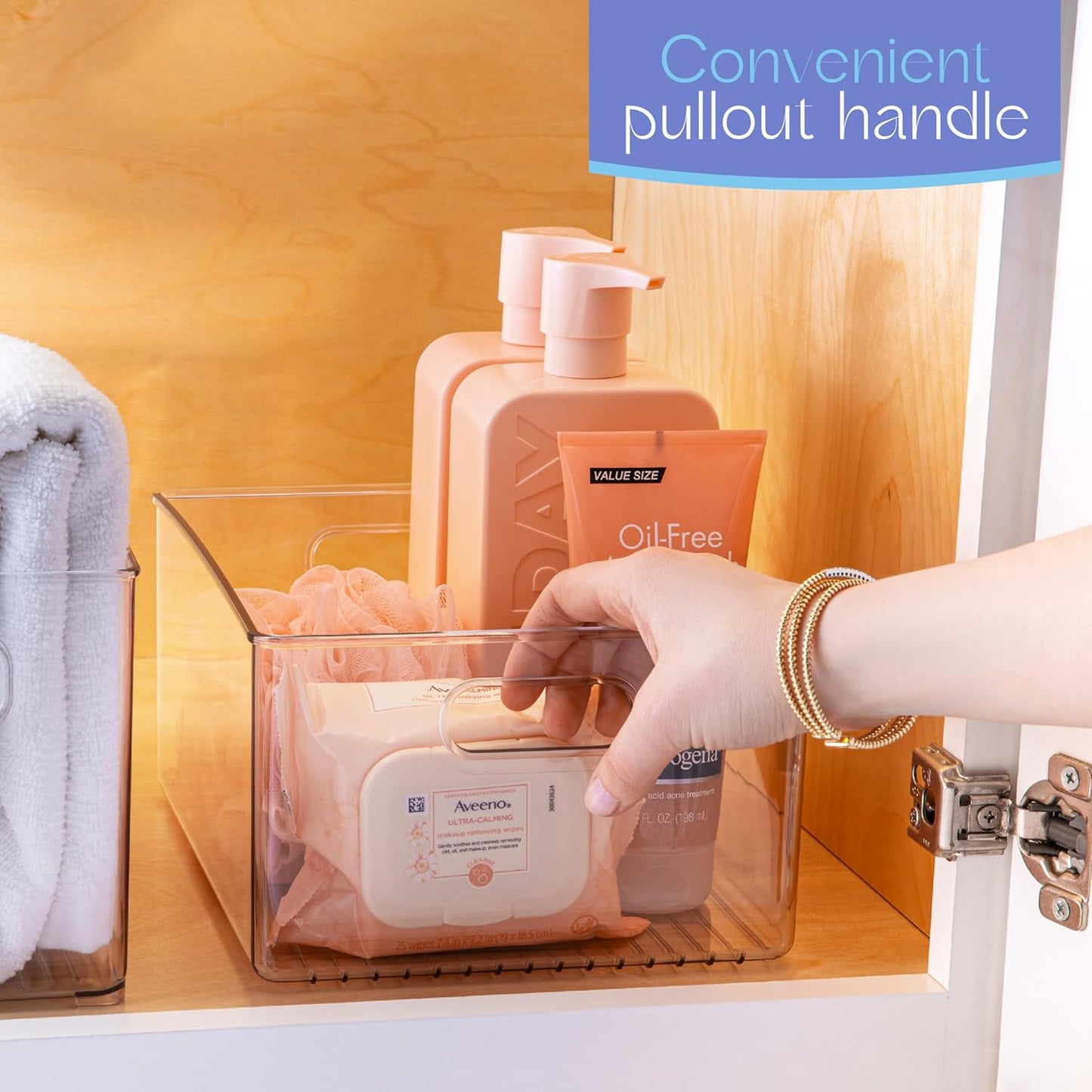 Plastic Food Storage 4 Pack Clear Container Bin with Handles for Organizing Kitchen, Pantry, Refrigerator, Freezer, Pantry, Cabinet, Closet, Bathroom 10”x8”x5”