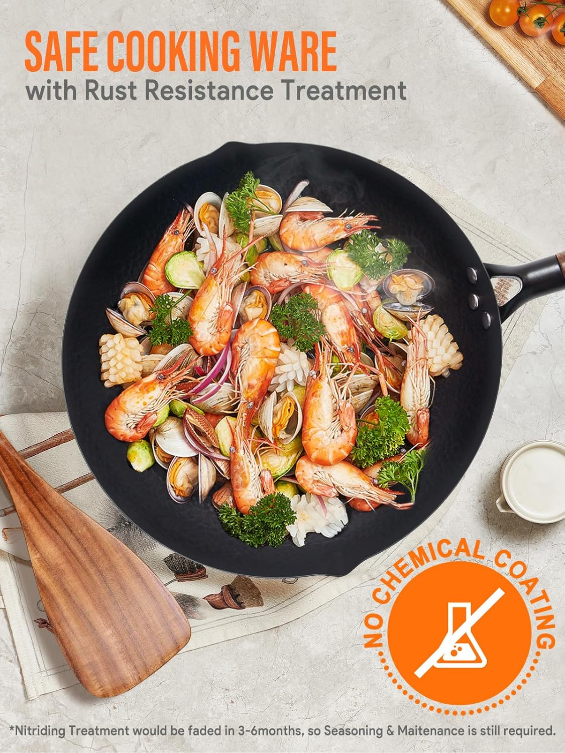 Carbon Steel Wok Pan, 5 Piece Authentic Chinese Wok & Stir-Fry Pans Set with Wooden Lid, No Chemical Coated Flat Bottom Chinese Woks Pan for All Stoves-13“