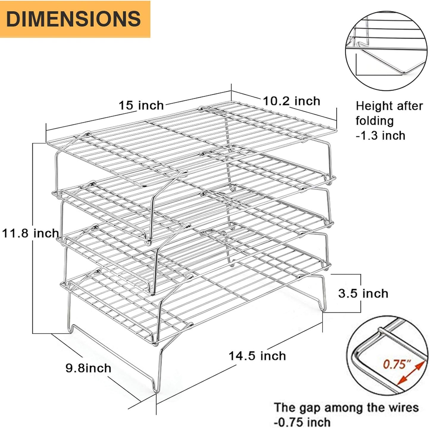 P&P CHEF 4-Tier Cooling Rack Set, Stainless Steel Stackable Baking Cooking Racks for Cooling Roasting Cooking, Raised & Folding Feet, Oven Safe & Easy Clean, 15" x 10", Silver