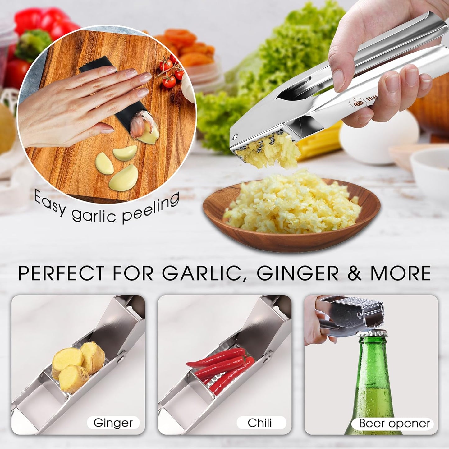 Garlic Press Stainless Steel - No Need to Peel Garlic Mincer & Crusher - 304 Inox, 7.34 Oz, Large Trough - Ergonomic Handle, Easy to Clean, Dishwasher Safe (2 Years Warranty) (Blue)