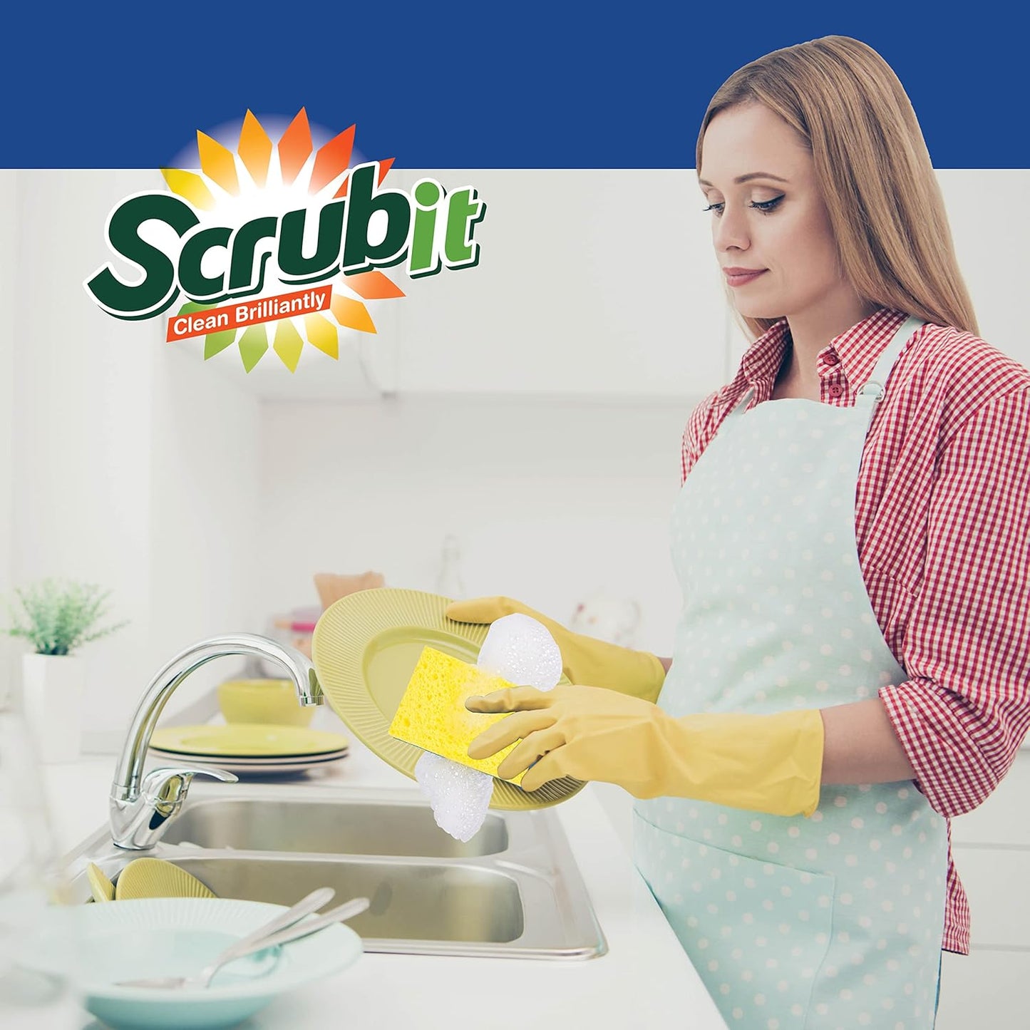 SCRUBIT 48 Pack Heavy Duty Scrub Sponges - Dishwashing Sponge Along with A Tough Scouring Pad - Dual Sided Dish Sponge Ideal for Cleaning Kitchen, Dishes, Bathroom - Yellow - Bulk sponges