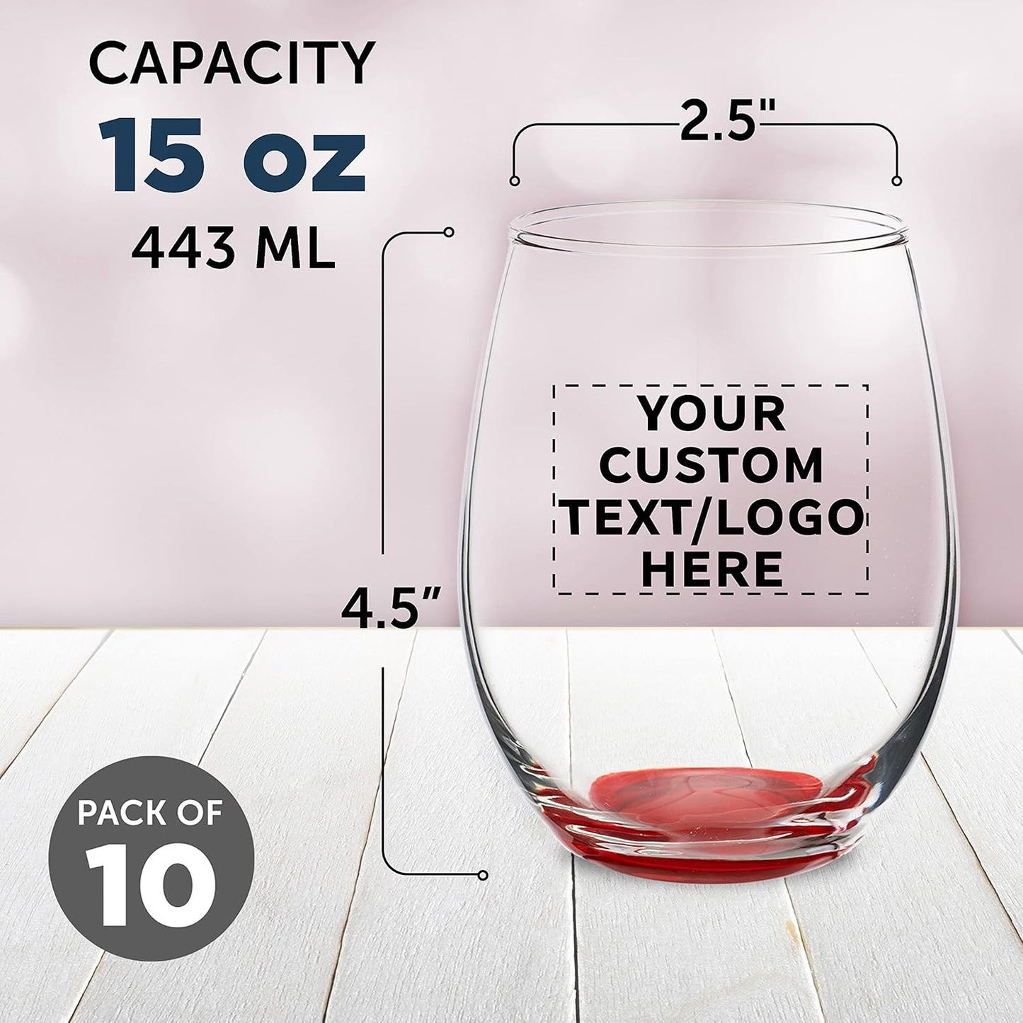 Custom Stemless Wine Glasses in Bulk by ARC Perfection, 15 oz, 10 pack, Personalized Text, Logo, Red or White Wine Glass Set, Red