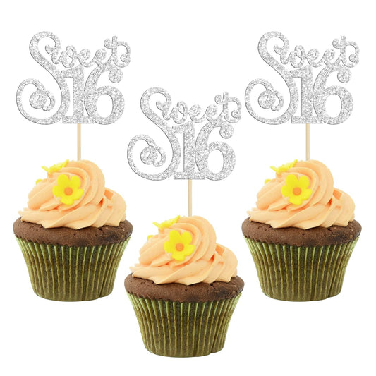 Gyufise 24 Pack Happy Sweet 16 Cupcake Toppers Glitter Sixteen 16th Birthday Cupcake Picks Cheers to 16 Years Old Cupcake Decorations for 16th Birthday Anniversary Party Cake Supplies Silver