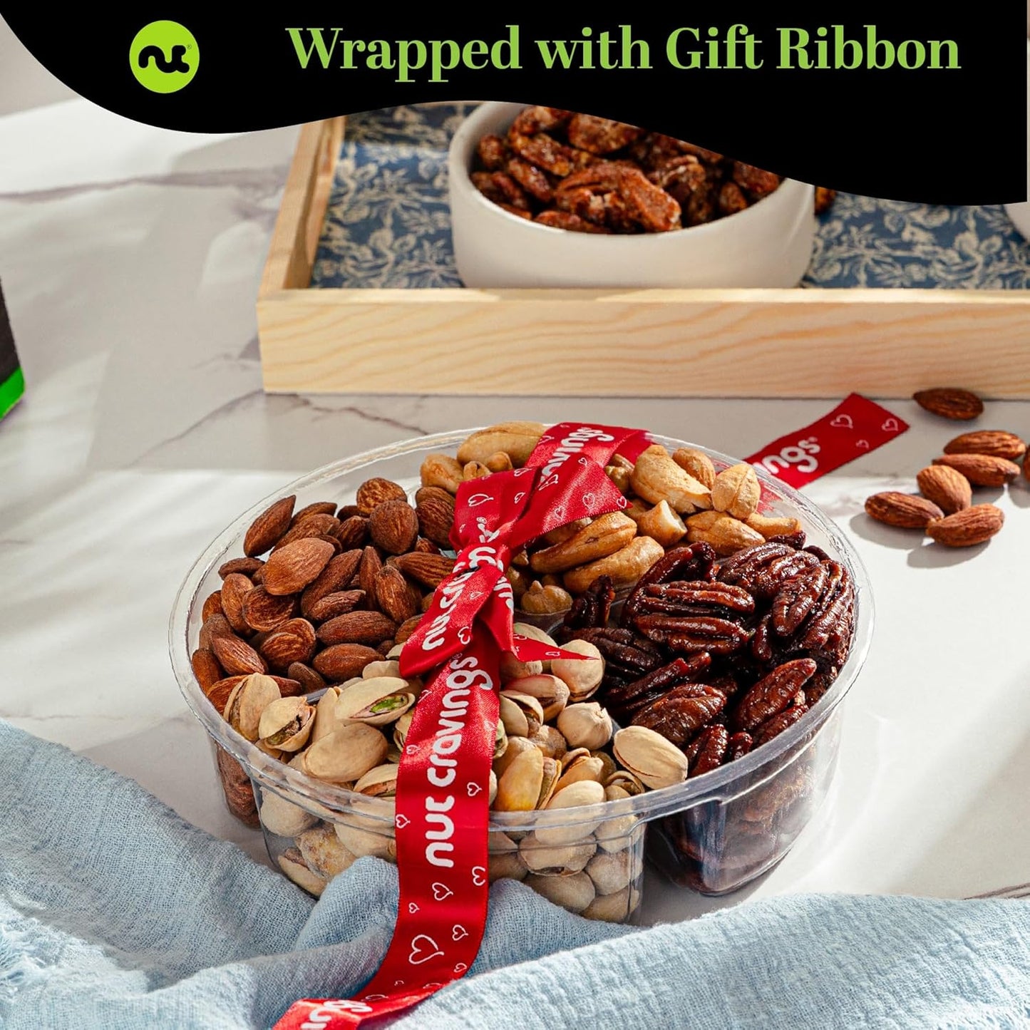 NUT CRAVINGS - Mixed Nuts Gift Basket + Heart Ribbon (4 Assortments) Food Arrangement, Healthy Snack Care Package, Food Assortments