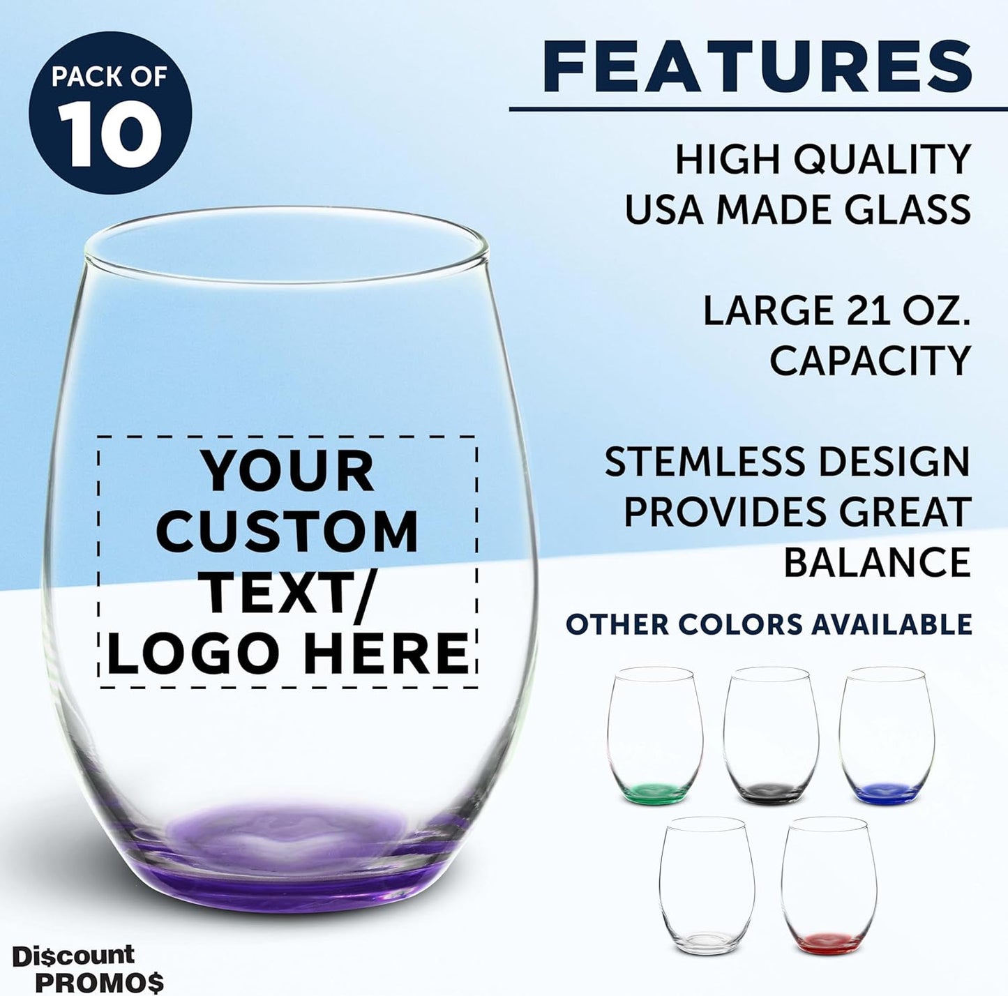 DISCOUNT PROMOS 10 ARC Stemless Wine Glasses Set, 21 oz. - Customizable Text, Logo - Chardonnay, Cabernet, Merlot, Sauvignon - Purple