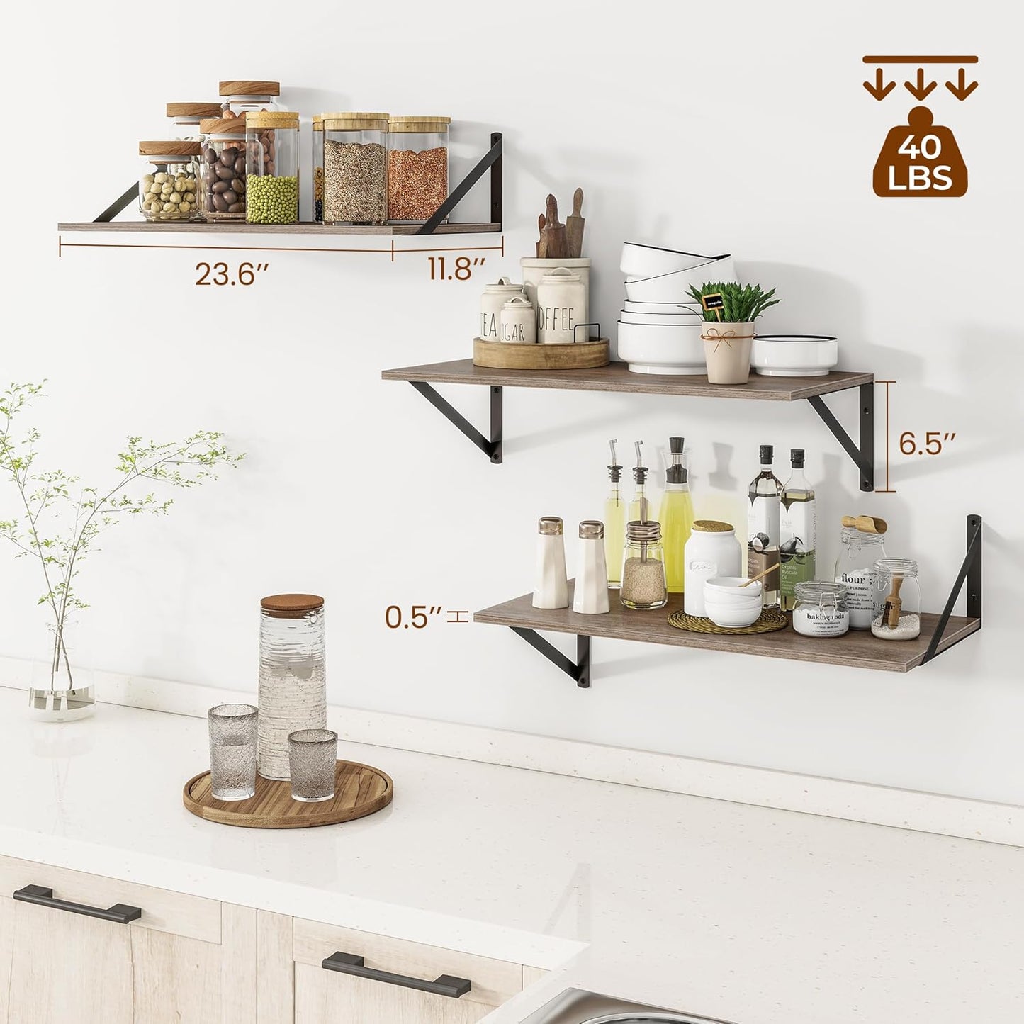 Heimlove 24" W x 12" D Wall Shelves for Books, 12 Inch Deep Floating Shelves Set of 3, Wide Floating Bookshelf with Metal Bracket for Living Room, Kitchen, Office, Bedroom and Decor Storage - Grey