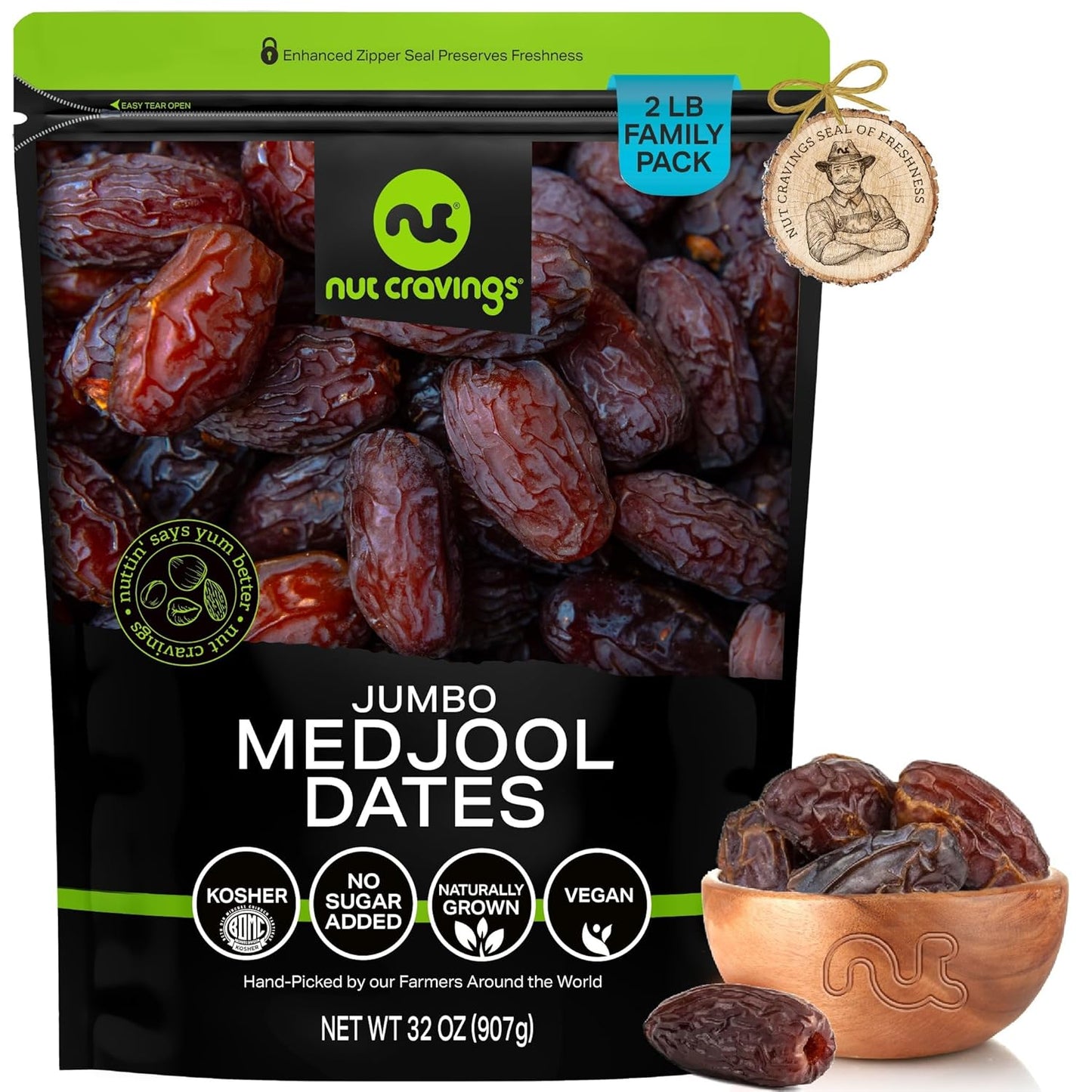 NUT CRAVINGS - Sun Dried Jumbo Medjool Dates, No Sugar Added (32oz, 2 LB) Bulk Dry Fruits Packed Fresh in Resealable Bag - Sweet Healthy Snack, Naturally Grown, Vegan, Kosher