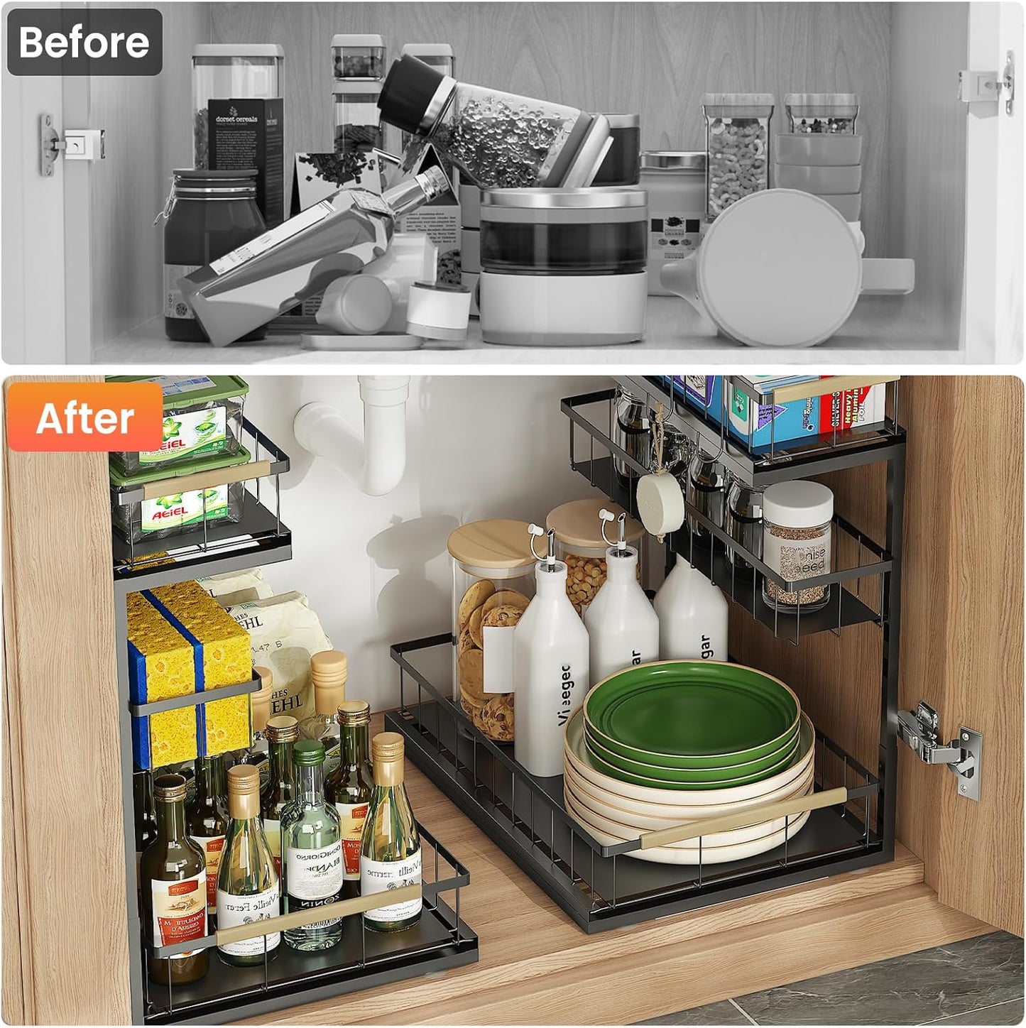 Under Sink Organizer and Storage for Bathroom and Kitchen - 2 Pack Pull Out Under Cabinet Shelf Organizers - 2 3 Tier Sliding Out Drawer Organization for Home Cabinets Shelves and Drawers