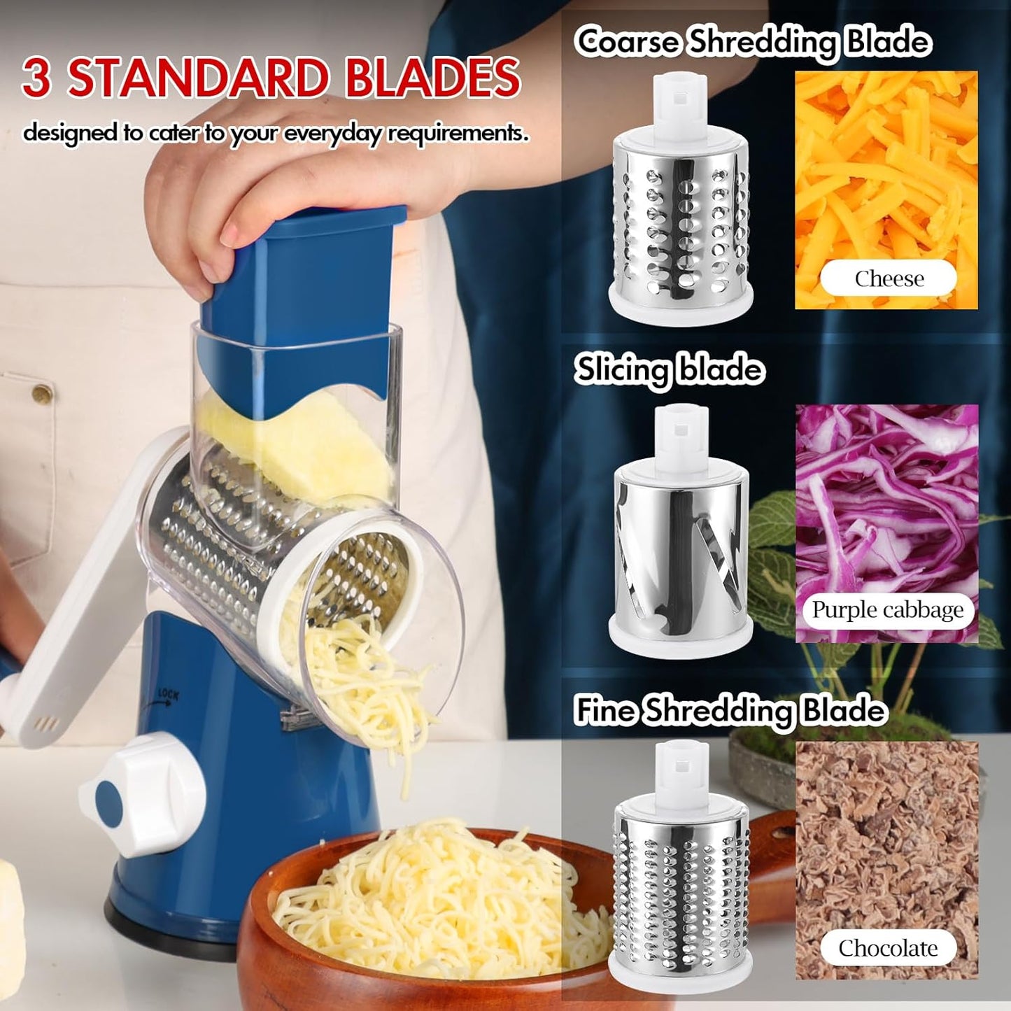 Ourokhome Rotary Cheese Grater Hand Crank, Kitchen Shredder Speed Mandolin Slicer Ice Shaver with Handle and Drum Blades for Cheese, Vegetable, Nuts, Chocolate, Potato, Carrot, 5 Blades, Dark Blue
