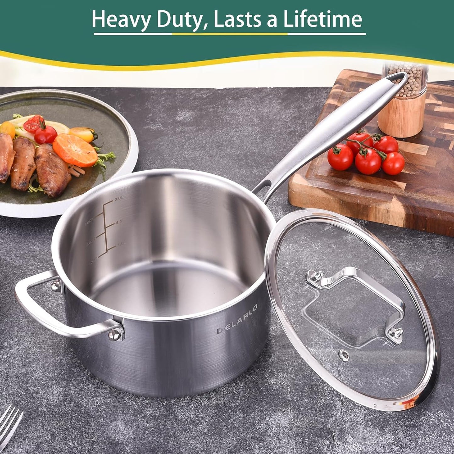 DELARLO Tri-Ply Stainless Steel Saucepan, 3.5 QT Saucepan with Lid, All Stove Compatible 600℉, Induction Sauce Pot, Heavy Duty Saucier Pot, Dishwasher Safe Saucepan, Induction Pot 3.5 Quart, Even Heat