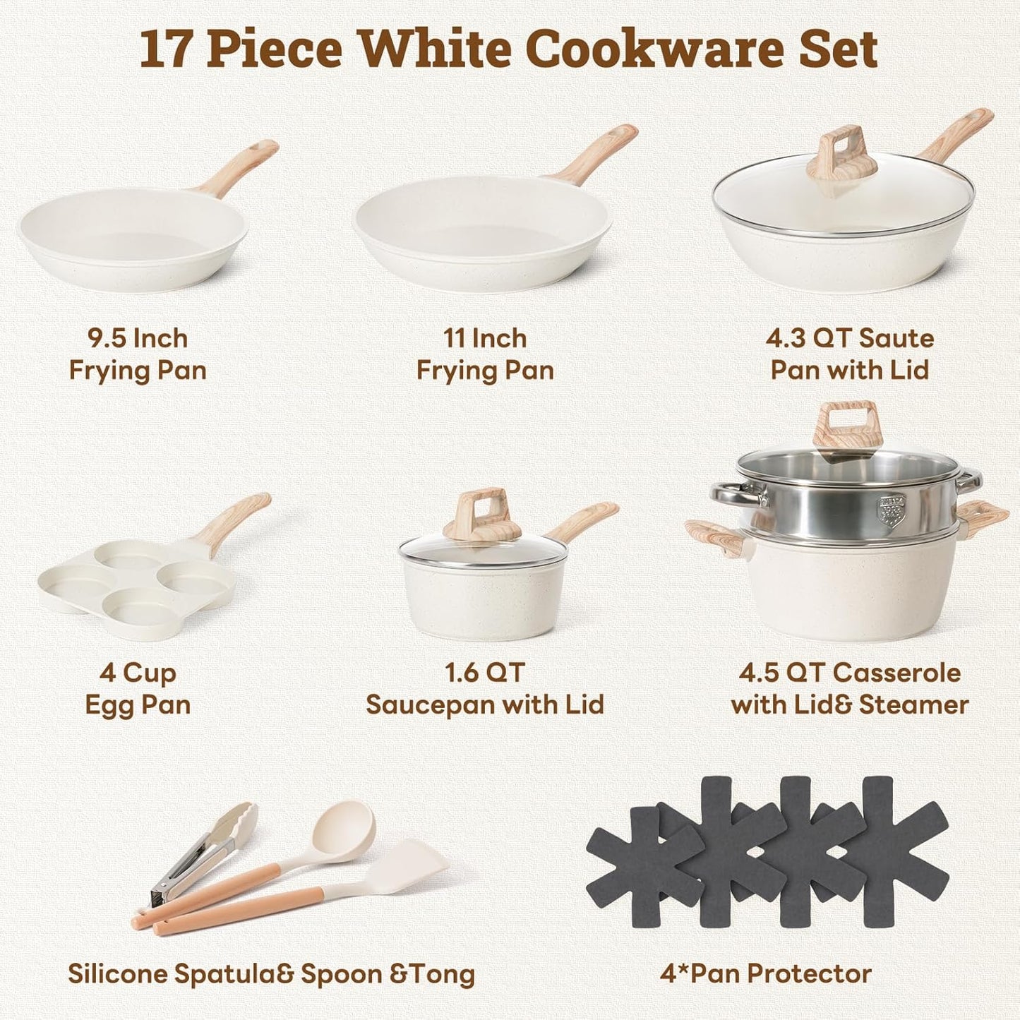 17 Pcs Pots and Pans Set Non stick，Cookware Sets White Granite Induction Cookware, Non-toxic Healthy Non Stick Kitchen Cooking Set with Frying Pans Set, Saucepans (PFAS, PFOA, PFOS Free) White