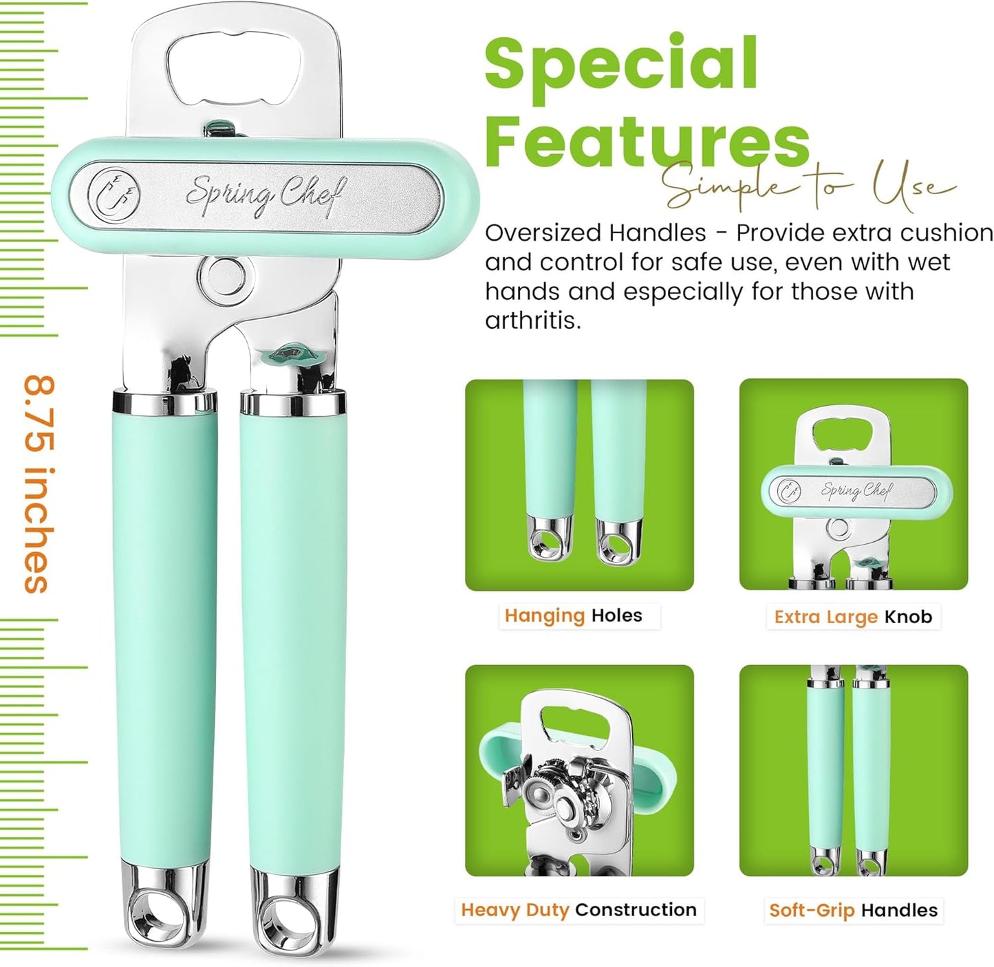 Spring Chef Stainless Steel Can Opener - Manual with Soft Grip Handles, Easy Turn, Heavy Duty Hand Can Opener for Seniors with Smooth Edge - Built-in Magnetic Lid Remover - Mint