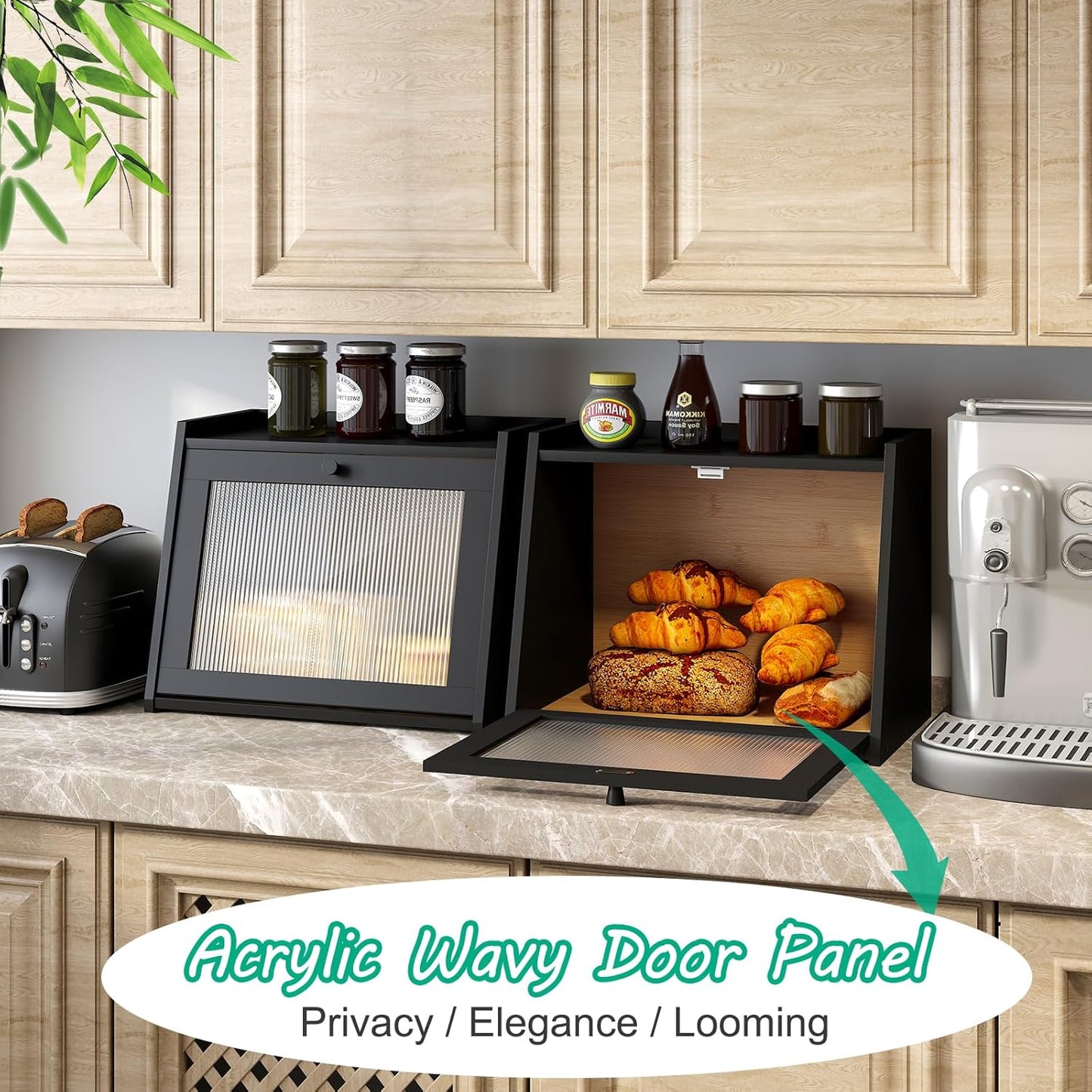 Large Bread Box for Kitchen Counter, Black Bamboo Bread Storage Container with Wavy Arcylic Transparent Door, Bamboo Wooden Farmhouse Bread Box for Your House