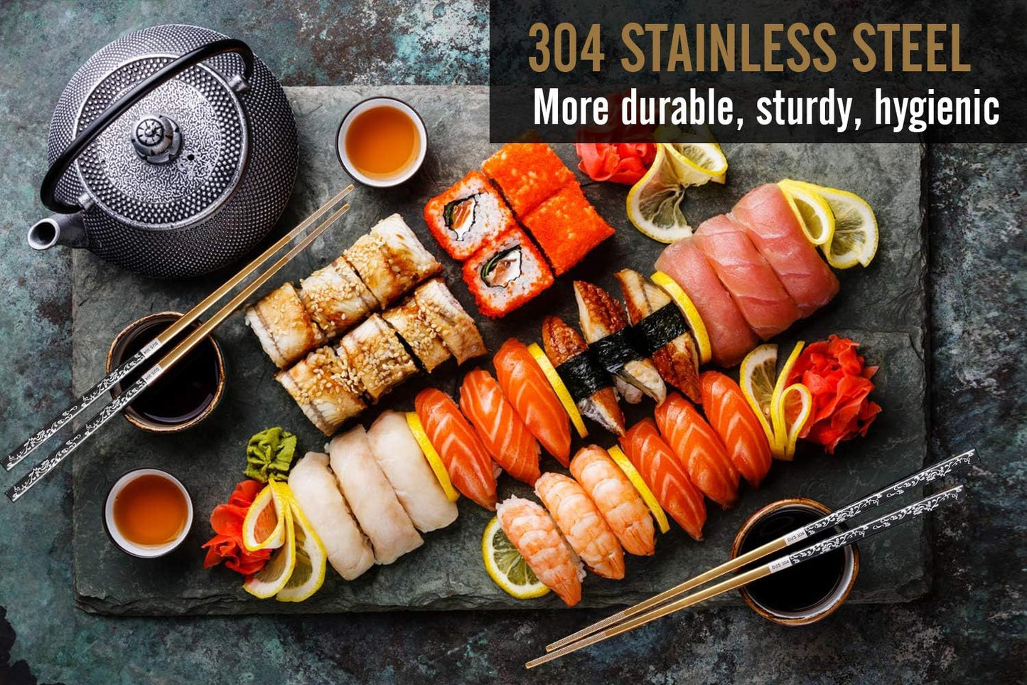 Chopsticks Reusable Titanium Plated Metal Chopsticks 304 Stainless Steel Chopstick Dishwasher safe Japanese Korean lightweight Engraved Anti-slip Chop sticks for Eating 2 Pairs Gift Set Black Gold