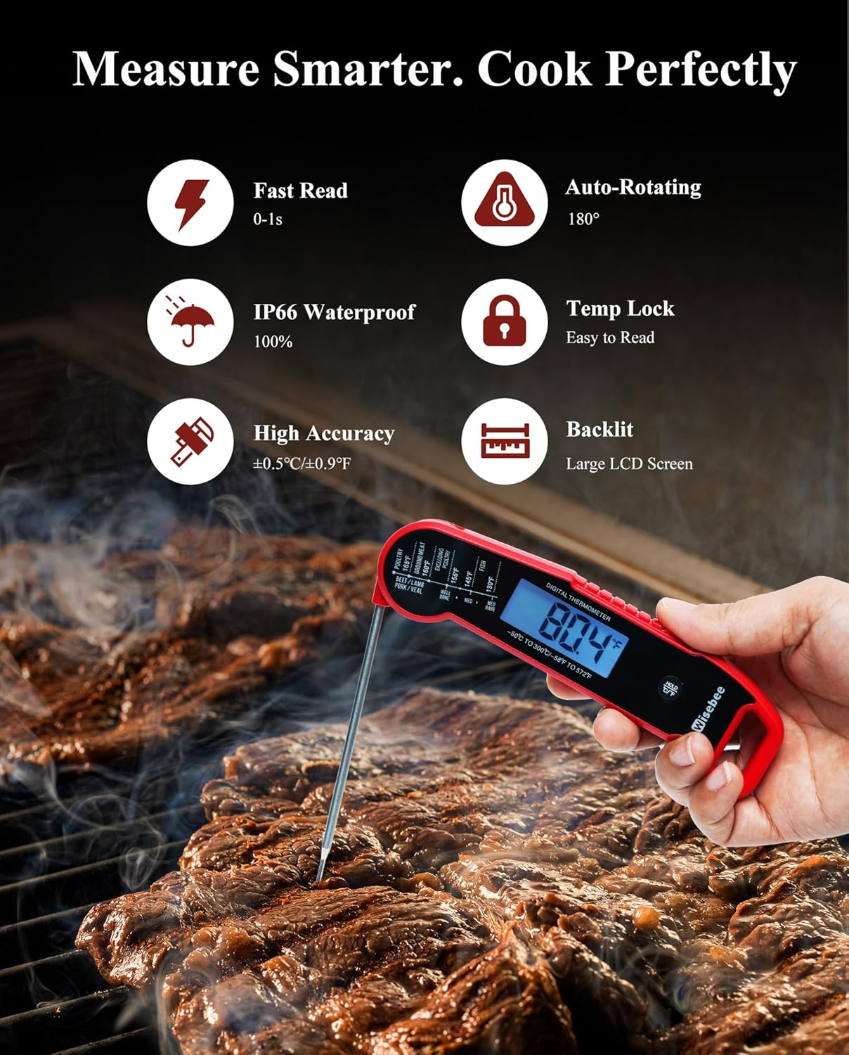 Wisebee Meat Thermometer Digital, 0.5 Sec Instant Read Waterproof Food Thermometer with 180°Auto-Rotate Backlit Display | Anti-Slip Handle | Magnetic Back | Hold Function for Cooking, Red