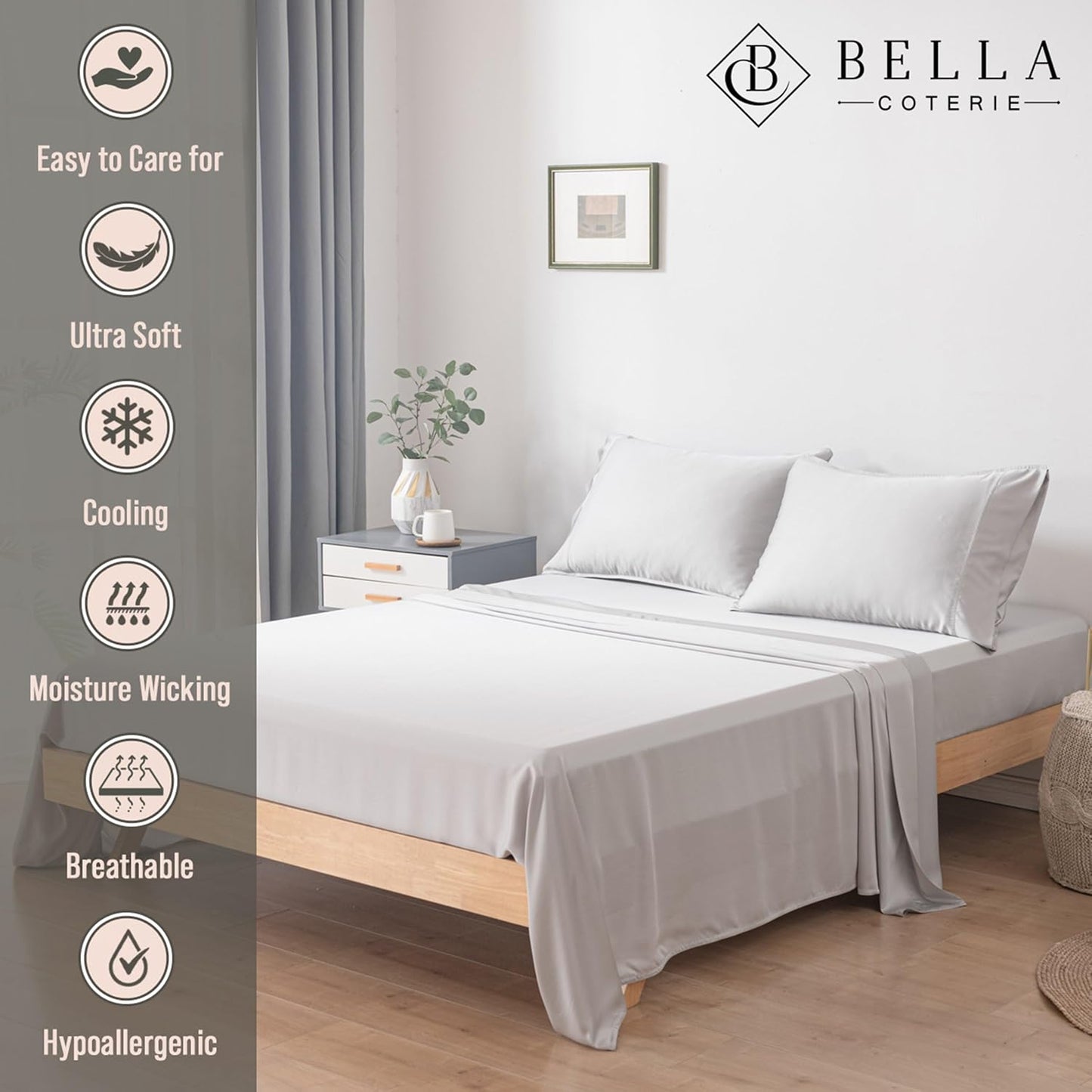 Bella Coterie Luxury Bamboo Viscose Split Top King Size Sheet Set | 100% Organically Grown | Ultra Soft | 34" Split | Cooling for Hot Sleepers | 18" Deep Pocket [Grey Mist]