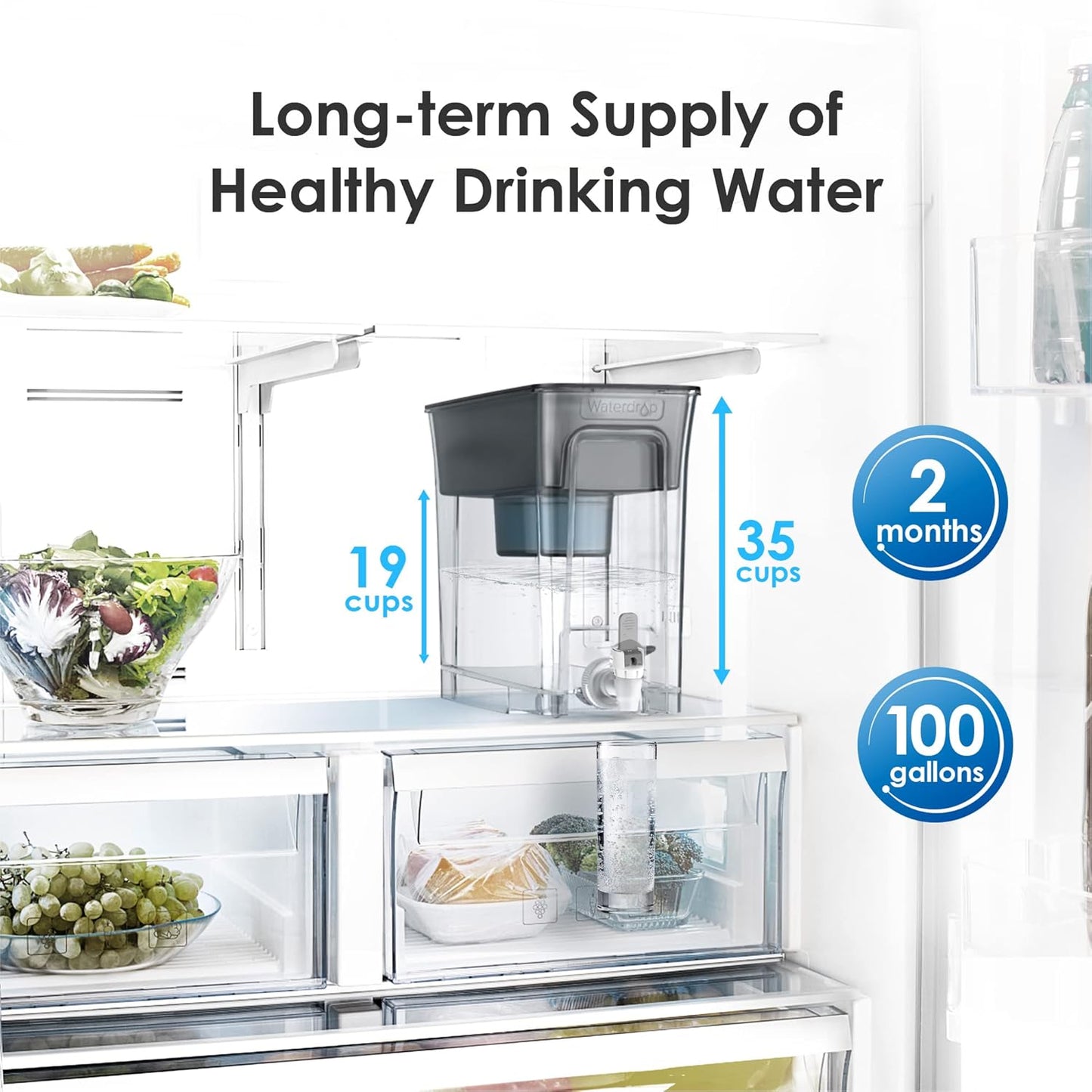 Waterdrop Slim Alkaline Water Filter Dispenser, Large 35-Cup, Up to PH 9.5, Healthy, Clean & Toxin-Free Mineralized Alkaline Water, 100-Gallon, BPA Free, Black (1 Filter Included)