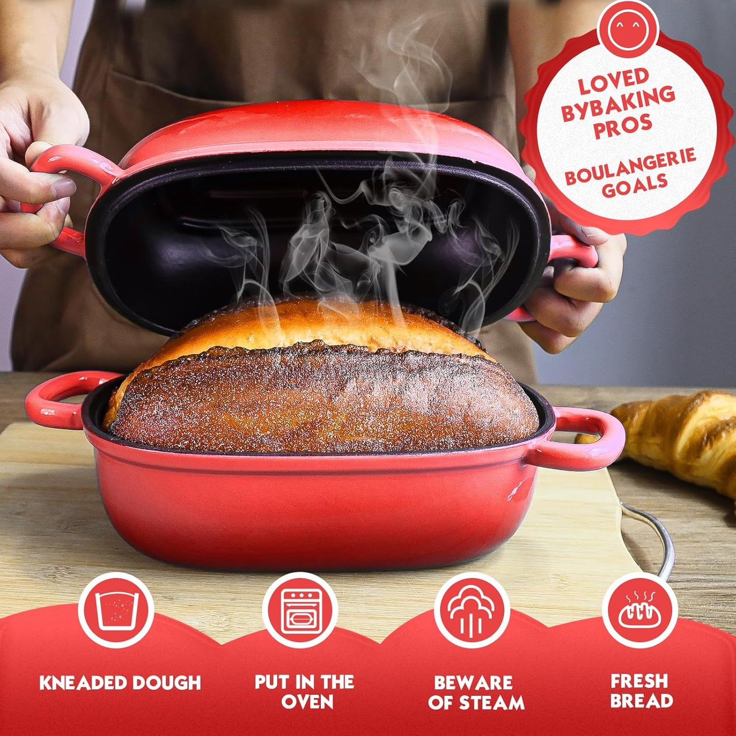 Dutch Oven for Bread Baking - 2.5QT Bread Pans for Homemade Bread Cast Iron Bread Pan Dutch Oven Loaf Pan with Lid and Loop Handles for Homemade Breadmaking, Red