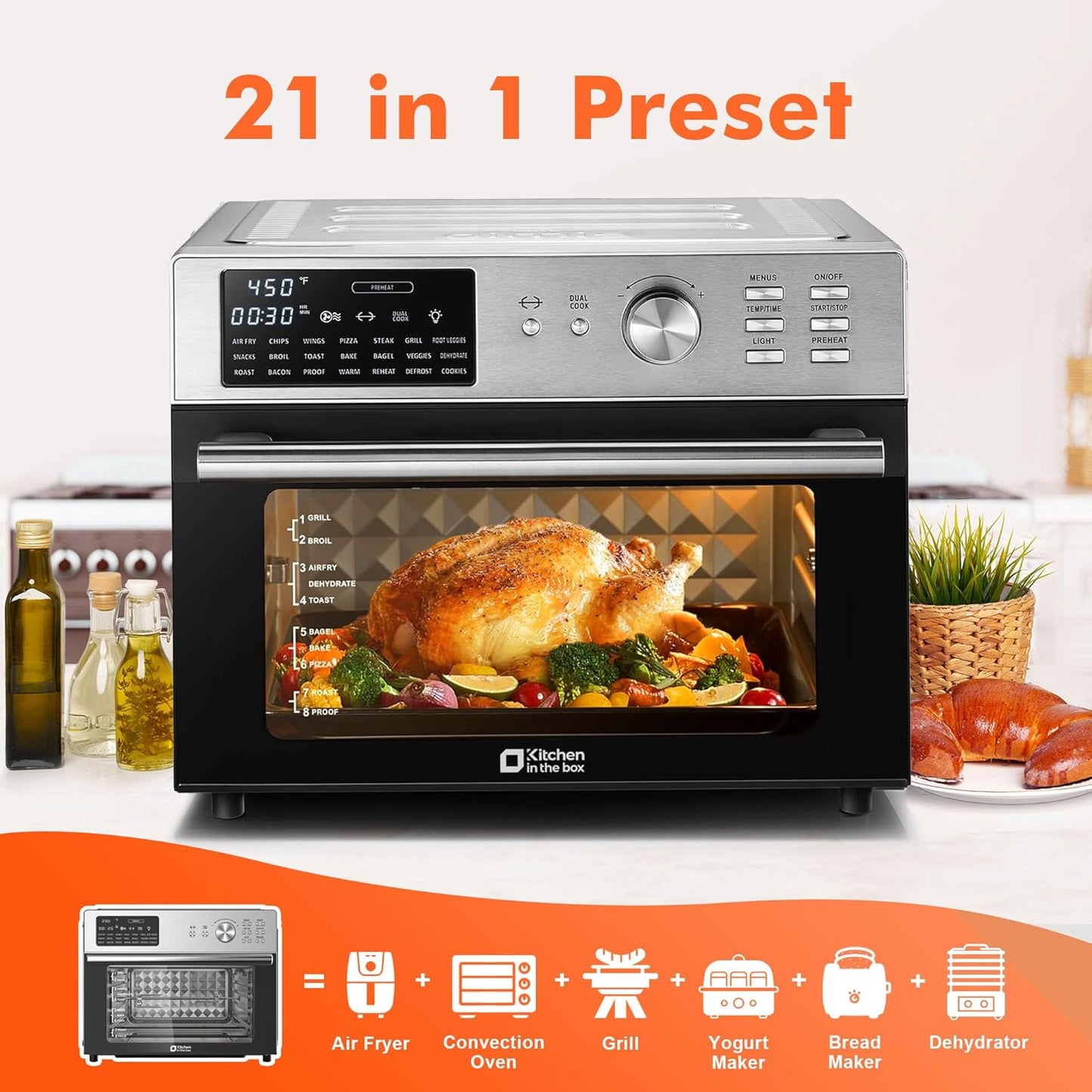 Kitchen in the box 32QT Extra Large Air Fryer Toaster Oven Combo, 21-in-1 Countertop Convection Toaster Oven with Rotisserie and Dehydrate, 6 Accessories, 1800W Dual Cook Preset (Silver)