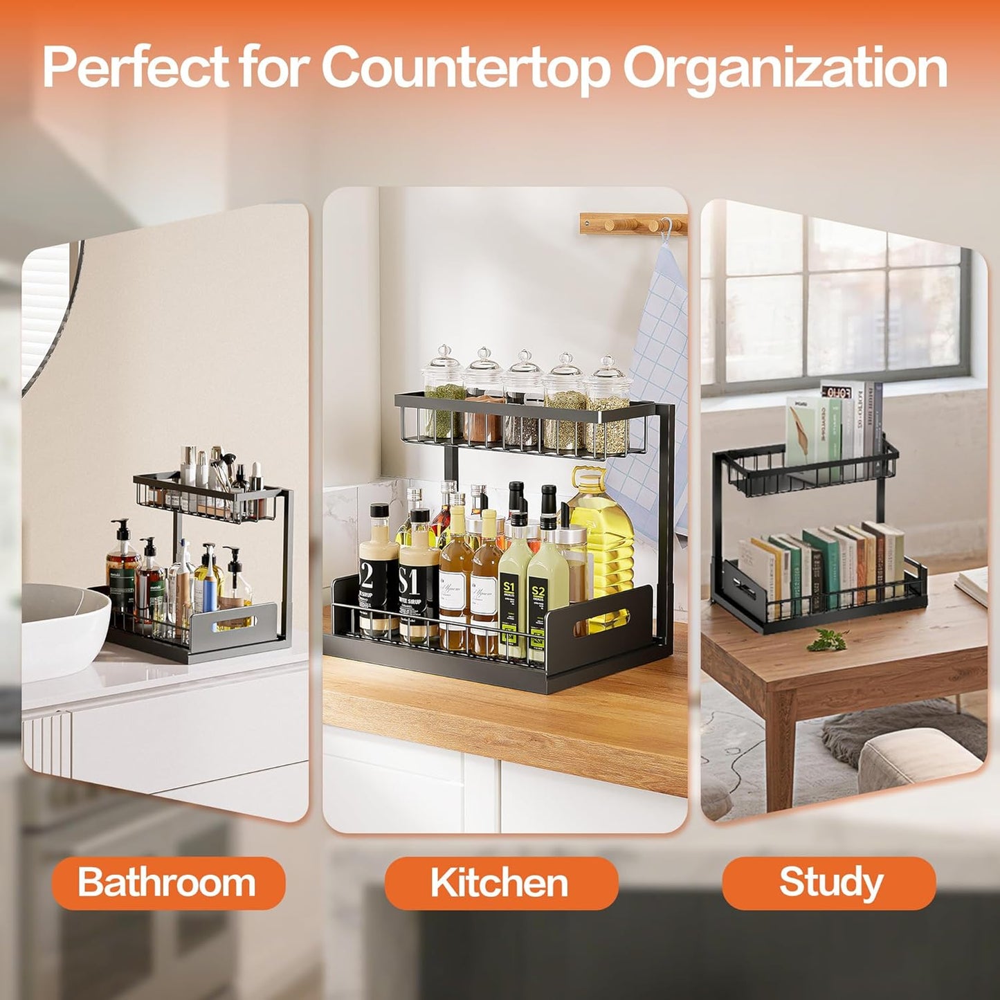 VUSIGN Under Sink Organizer, 2 Tier Pull Out Bathroom Cabinet Organizer, Under Kitchen Sink Organizers and Storage, Under Sink Shelf,2 Pack, Black