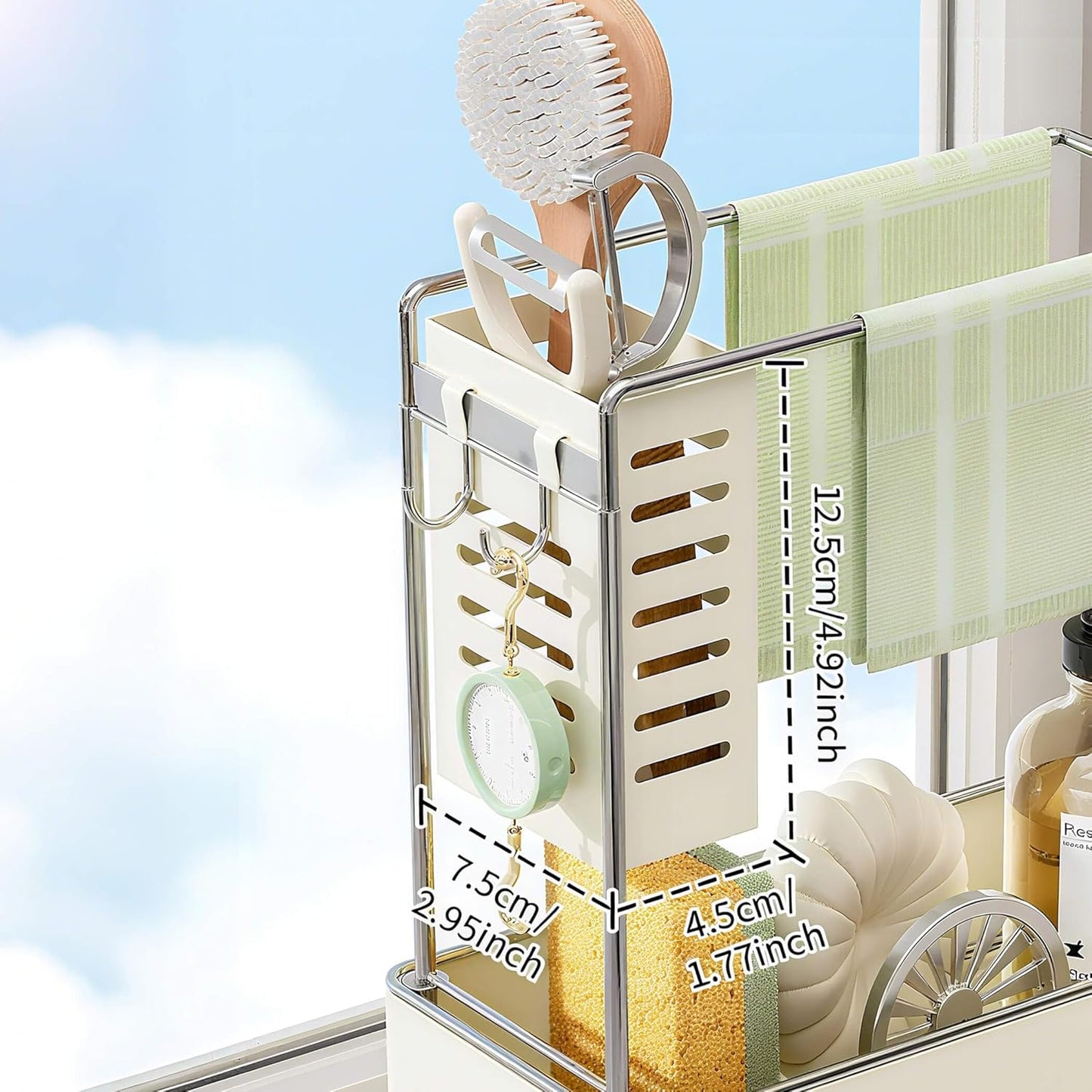 MOUKABAL Sponge Holder for Kitchen Sink, 2-Tier Sink Caddy Organizer with Drain Holes and Hooks, Holds Dishcloth, Sponge & Brushes, Kitchen Countertop Storage for New Home Essentials White