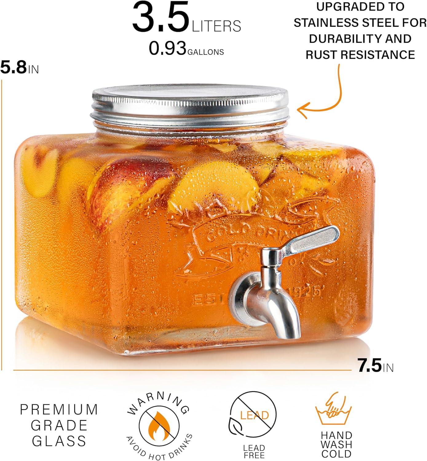 MosJos Glass Drink Dispenser for Fridge - Stainless Steel Spigot Mason Jar Dispenser with Wide Opening & Easy-Fill - Beverage Storage for Outdoor, Water, Iced Tea, Juice, Sangria & Detergent, 1 GALLON