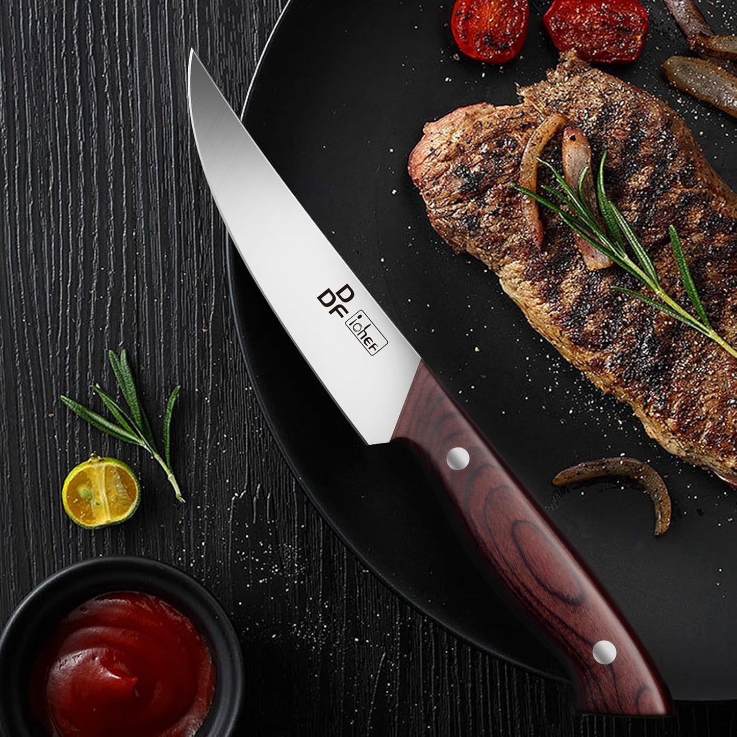 DDF iohEF Steak Knives Set of 6, Non-serrated Steak Knife 4.5 Inch High Carbon Japanese Stainless Steel Kitchen Steak Knife 6 Pieces Dinner Knives Ultra Sharp with Ergonomic Handle and Gift Box