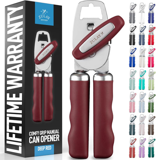 Zulay Kitchen Heavy Duty Stainless Steel Can Opener Manual with Bottle Opener - Rust Proof Manual Can Opener With Turn Knob & Comfy Soft Grip Handles - Deep Red