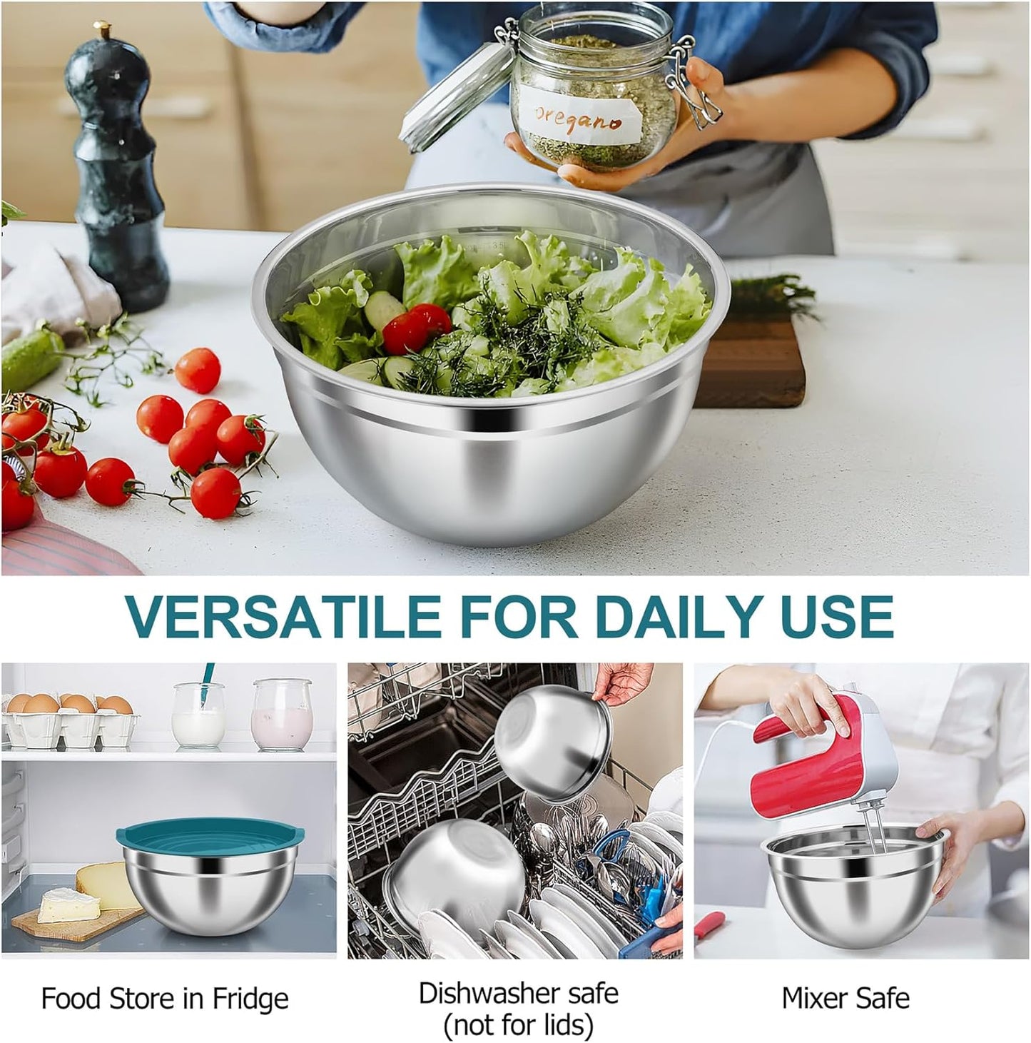 TeamFar Mixing Bowls, Stainless Steel Nesting Salad Bowls with Airtight Lids Set, For Serving/Mixing/Storing, Healthy & Heavy-duty, Dishwasher Safe & Easy Clean, 4.6/3 / 1.5 QT, Navy Blue