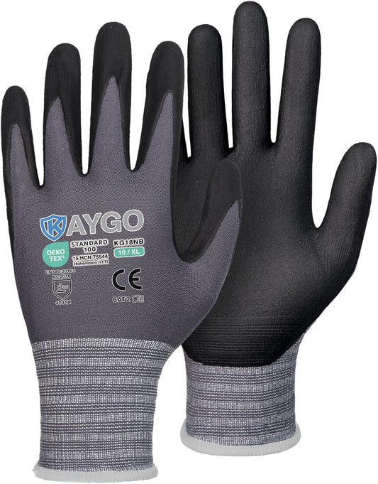 KAYGO Safety Work Gloves MicroFoam Nitrile Coated, 3 Pairs KG18NB,Seamless Knit Nylon Glove for Men and Women, Ideal for Automotive,Warehouse,Construction (X-Large,Gray)