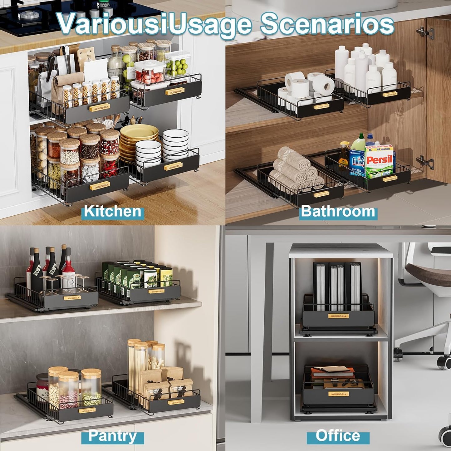 Under Sink Organizer, Kitchen Under Sink Organizers and Storage, Mute Pull Out Cabinet Organizer Shelf, Metal Sliding Drawer for Kitchen Bathroom Pantry Cabinet Closet Organization Rack, Black