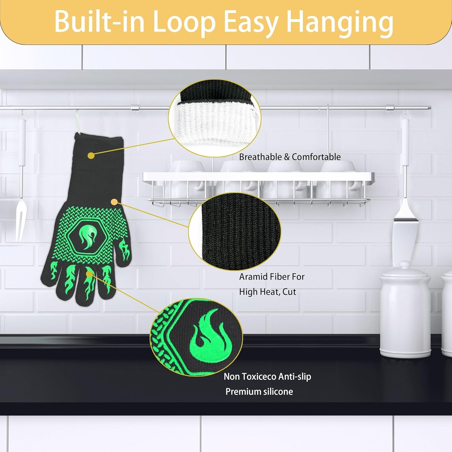 BBQ Fireproof Gloves, Grill Cut-Resistant Gloves 1472°F Heat Resistant Gloves, Non-Slip Silicone Oven Gloves, Kitchen Safe Cooking Gloves for Oven Mitts,Barbecue,Cooking, Frying,13.5 Inch-Green