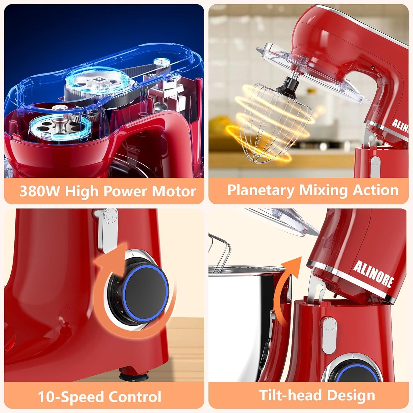 Stand Mixer, 6.5QT 660W 10-Speed Tilt-Head Electric Kitchen Stand Mixer, Food Mixer with Dishwasher-Safe Dough Hook, Egg Whisk, Flat Beater for Baking, Cake and Most Home Cooks (Red)