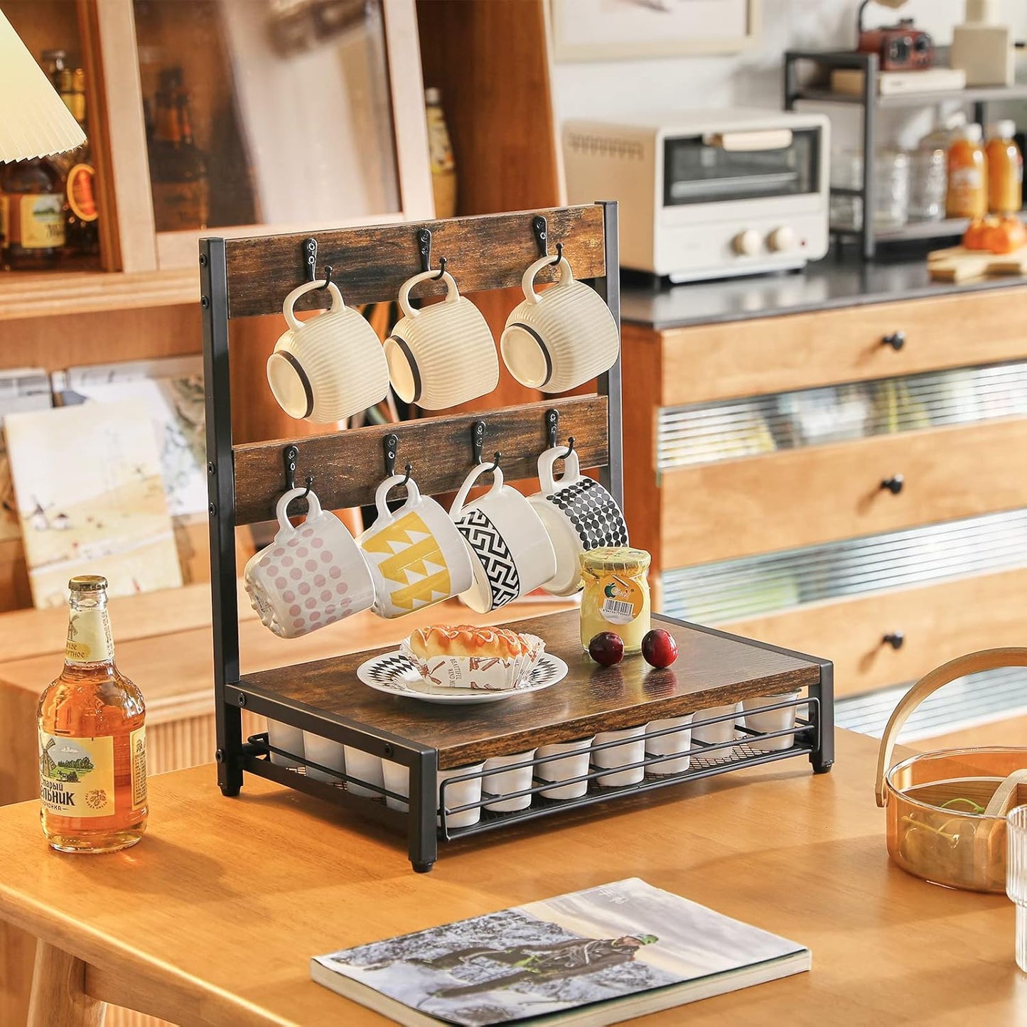 IBUYKE Coffee Pod Drawer, Rustic Coffee Mug Holder for Countertop, 8 Hooks and 35 Capsules Capacity, Coffee Station Organizer with Mug Hooks, Wood Mug Tree Holder for Kitchen Coffee Bar,TCJ003H