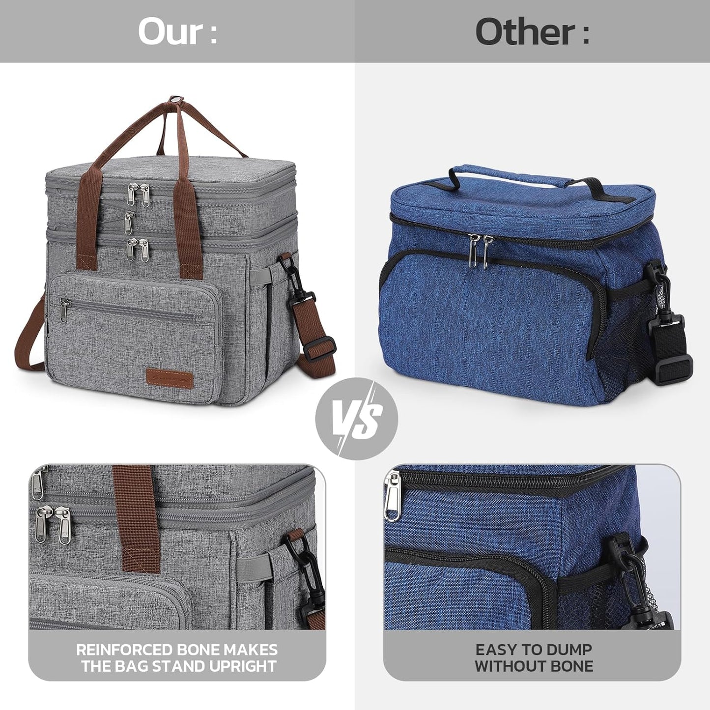 Maelstrom 23L Insulated Lunch Box For Men Women,Expandable Double Deck Lunch Cooler Bag,Lightweight Leakproof Tote Bag With Side Tissue Pocket,Gray