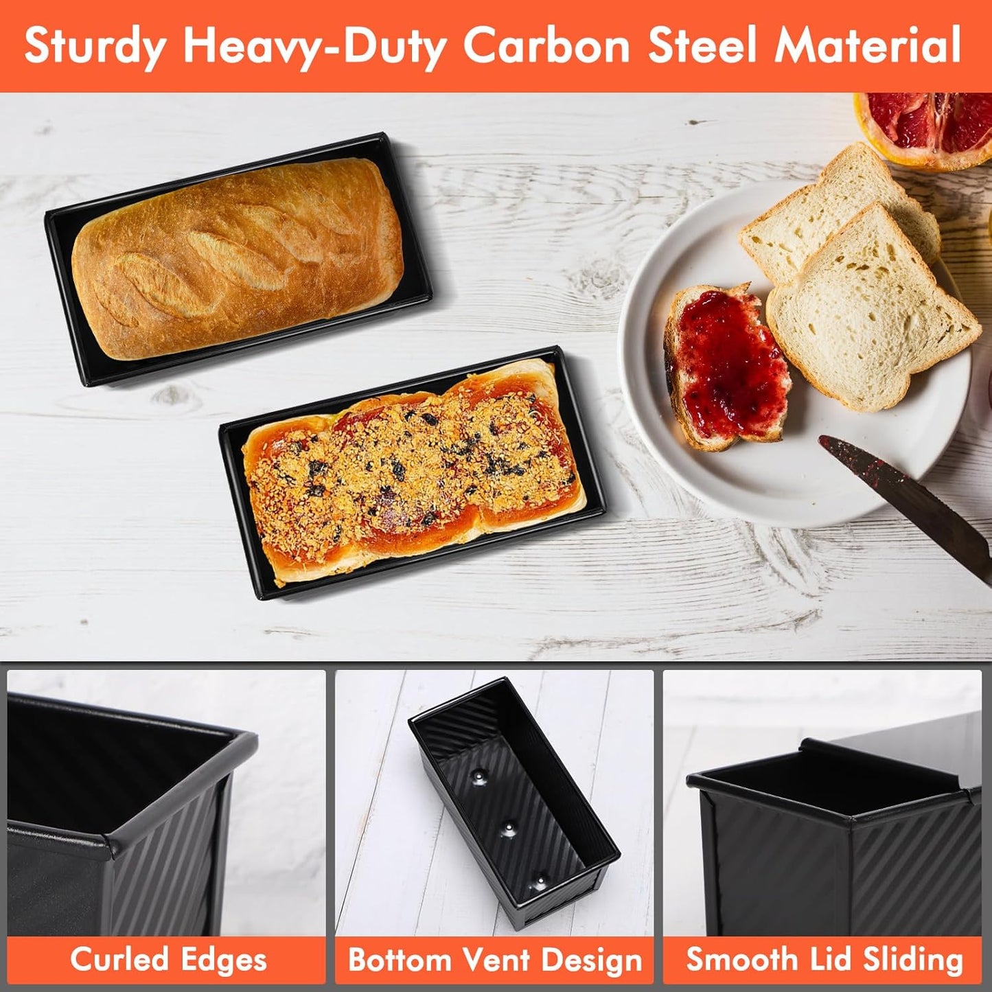 Beasea Pullman Loaf Pan with Lid, 2 Pack 0.5 lb Small Non-Stick Bread Loaf Pans Carbon Steel Mini Bread Toast Box for Homemade Bread Toast Oven Baking - Black