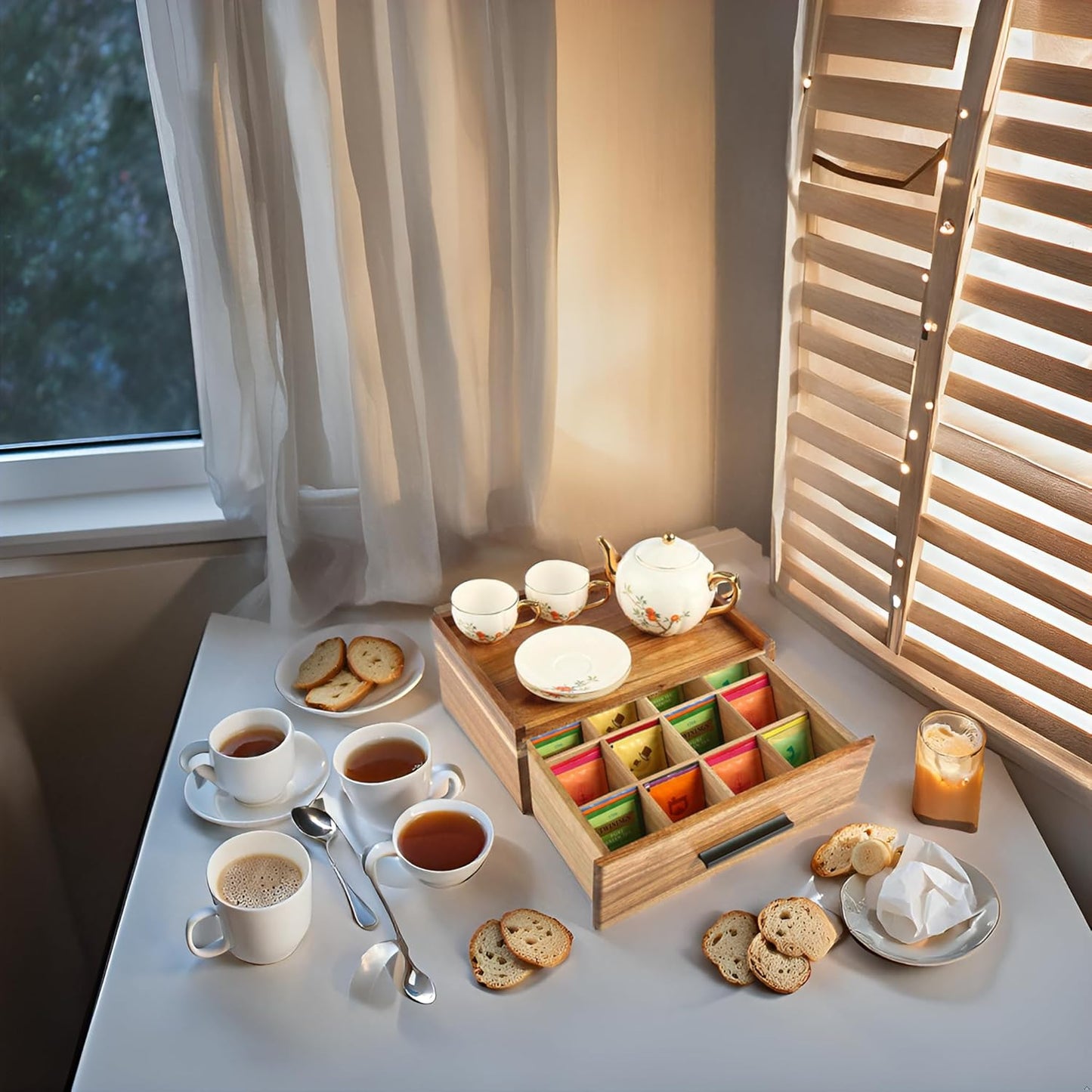 Acacia Wood Tea Bag Organizer - 12-Compartment Capacity Tea Box Organizer Storage Box with Drawer, Tea Accessories for Tea Bags Storage Drawer, Tea Station for Countertop