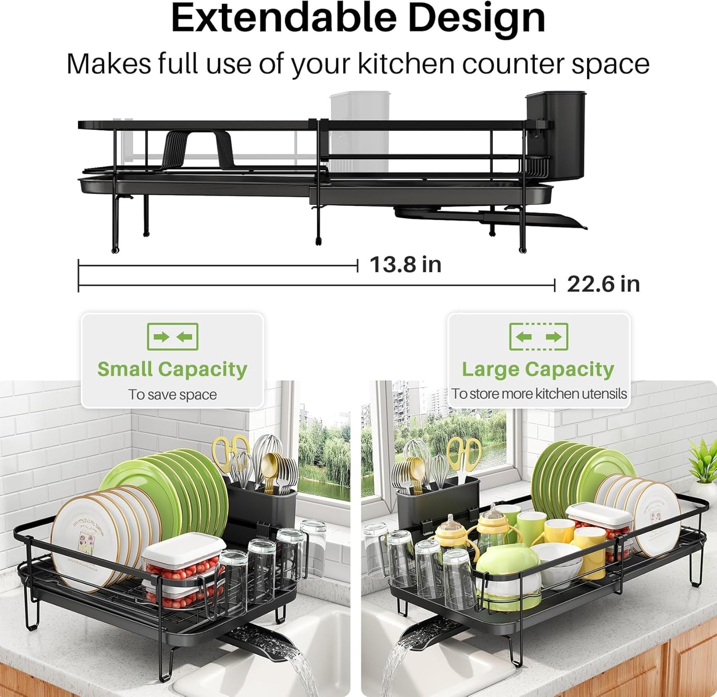 SNTD Dish Drying Rack, Expandable Dish Rack for Kitchen Counter, Metal Dish Drainer with Utensil & Cup Holder 13.8"-22.6" L x 12.1" W (Black)