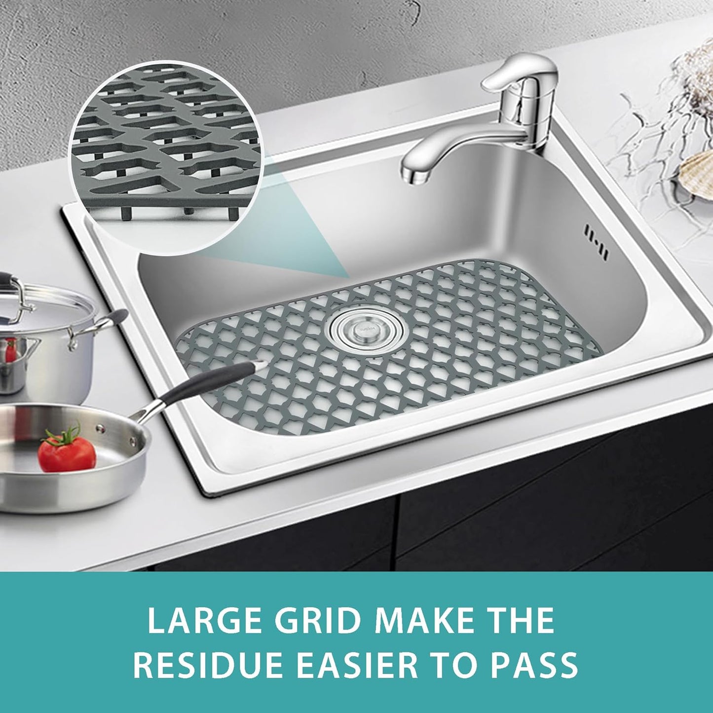 Sink Protectors for Kitchen Sink 19x14 & 21x16 & 22x13 & 26x14 & 28x14.4 & 30x16, Large Silicone Sink Mats Grid for Bottom of Farmhouse Stainless Steel Sink (22”x13”, Rear Drain)